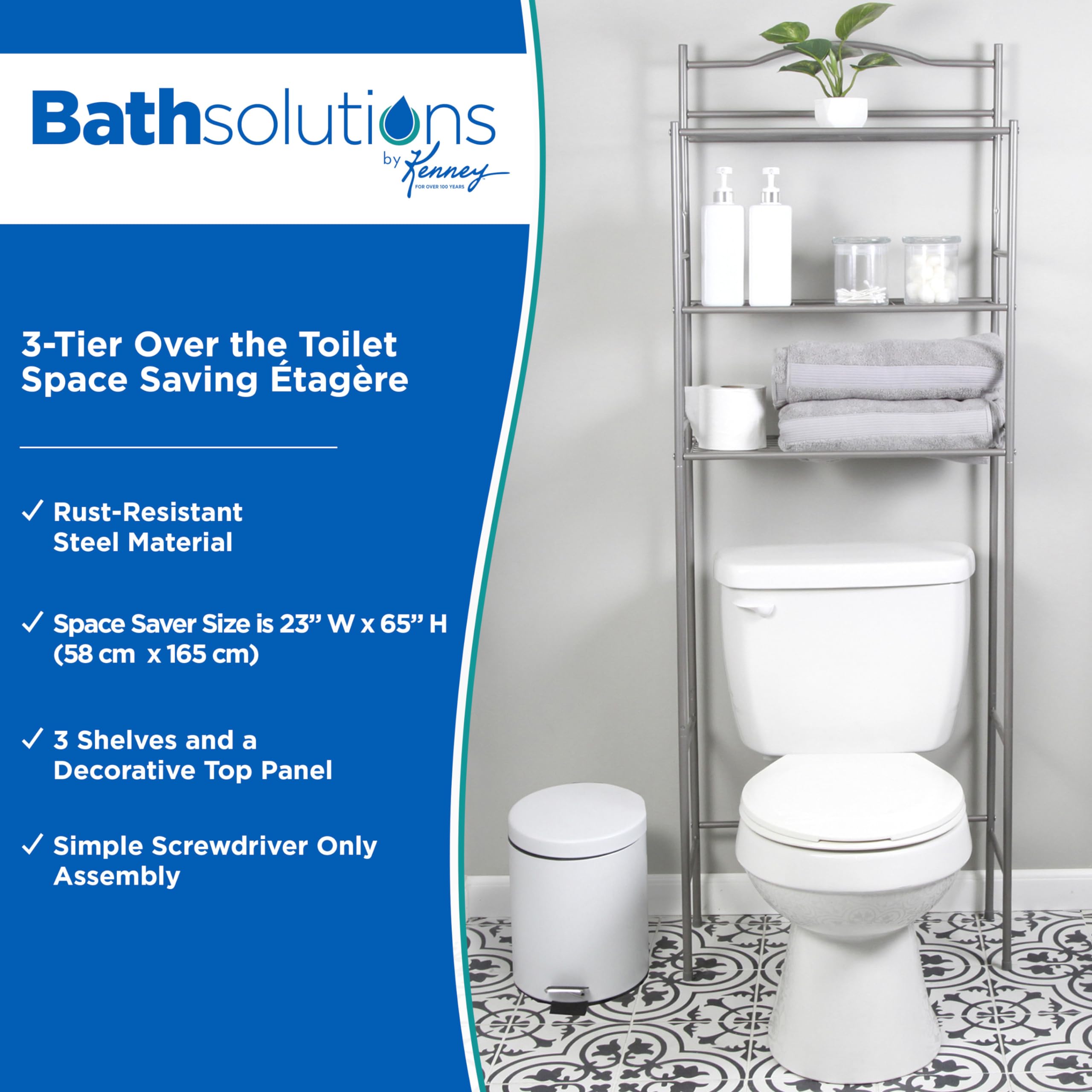 3-Tier Bathroom Over Toilet Space Saver Etagere, Polished Pewter - Image 3
