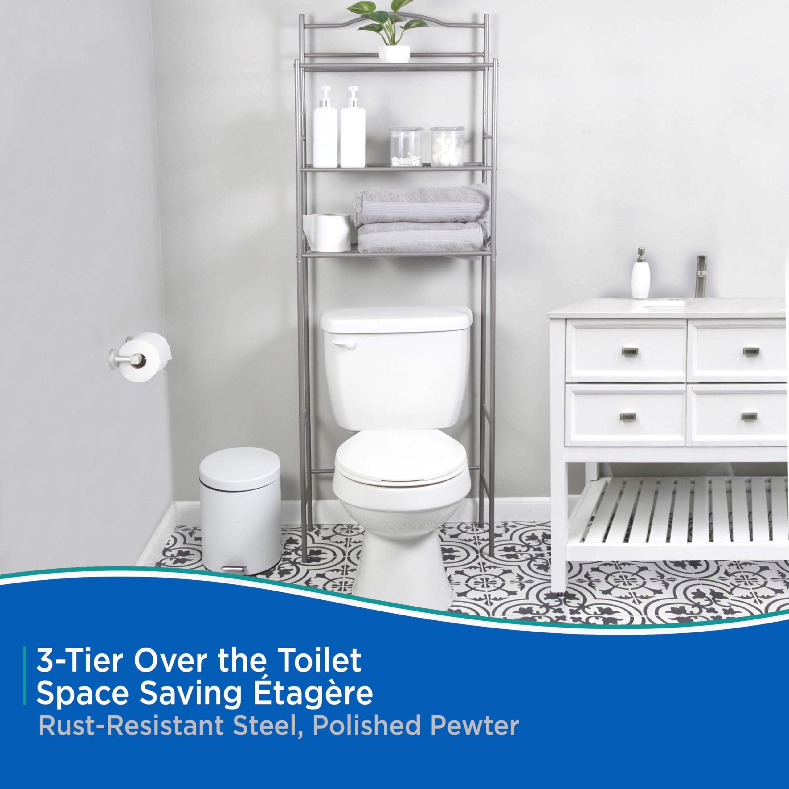 3-Tier Bathroom Over Toilet Space Saver Etagere, Polished Pewter - Image 4