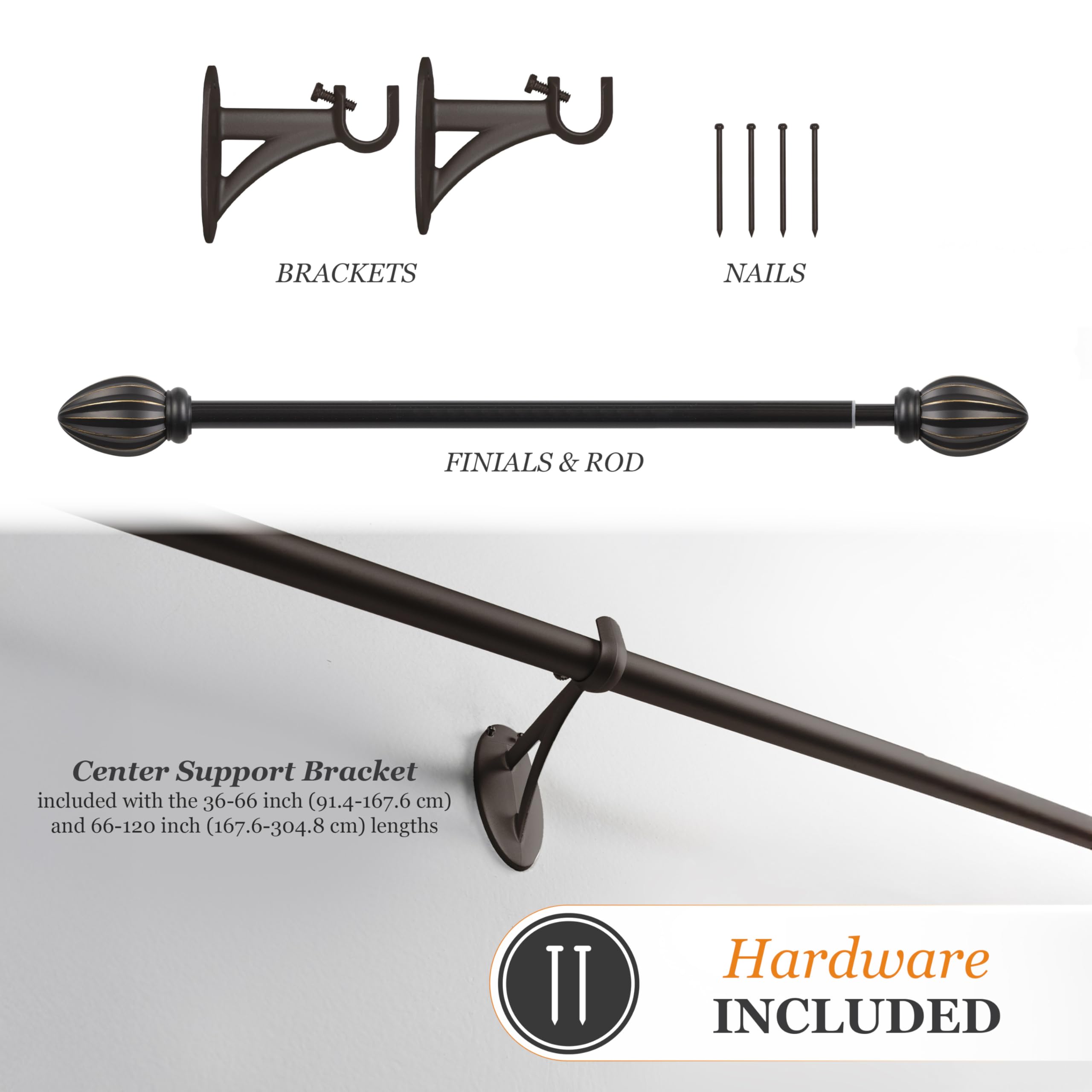 Kenney – Bailey Fast Fit Decorative Window Curtain Rod, Fluted Ends, No-Tools Installation, 5/8" Diameter, Adjustable 36–66", Oil Rubbed Bronze - Image 5