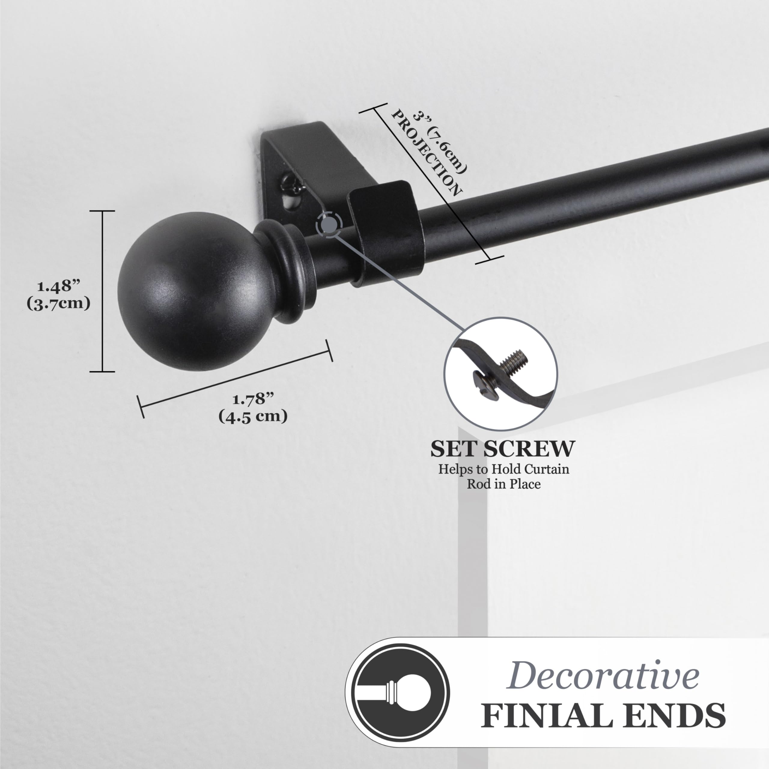 Kenney Chelsea Ball End Window Curtain Rod - Adjustable 28 to 48 Inches, Extendable Set, Black - Image 4
