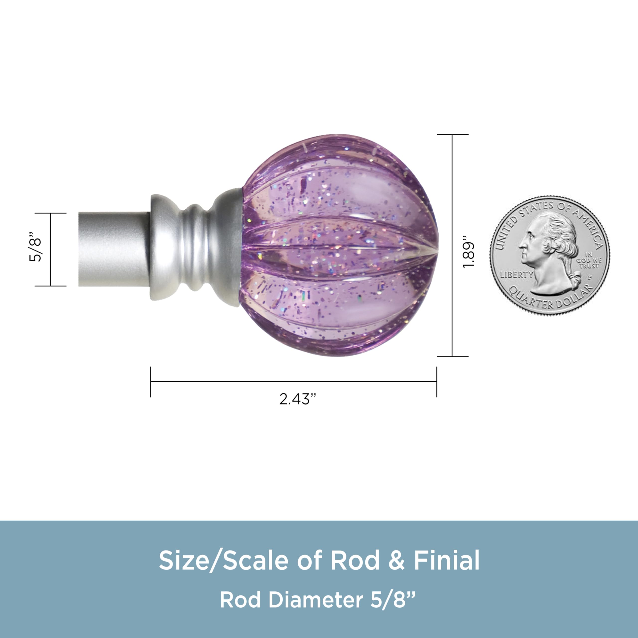 Kenney – Estrella Curtain Rod, Durable Steel with Purple Sparkle Fluted Acrylic Ends, 5/8" Diameter, Adjustable 48–86", Brushed Nickel Finish - Image 3