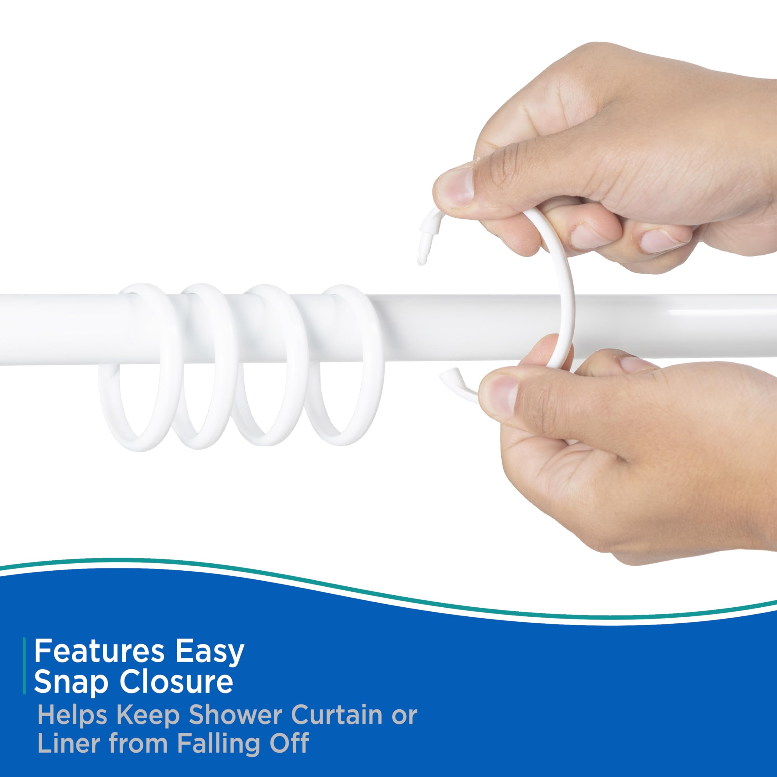 Kenney KN61217 Rust-Proof Smooth Plastic Shower Curtain Rings for Shower Curtain and Standard Shower Curtain Rod, Bathroom Use, Easy to Snap Closure, Easy to Install, Set of 12, White - Image 6