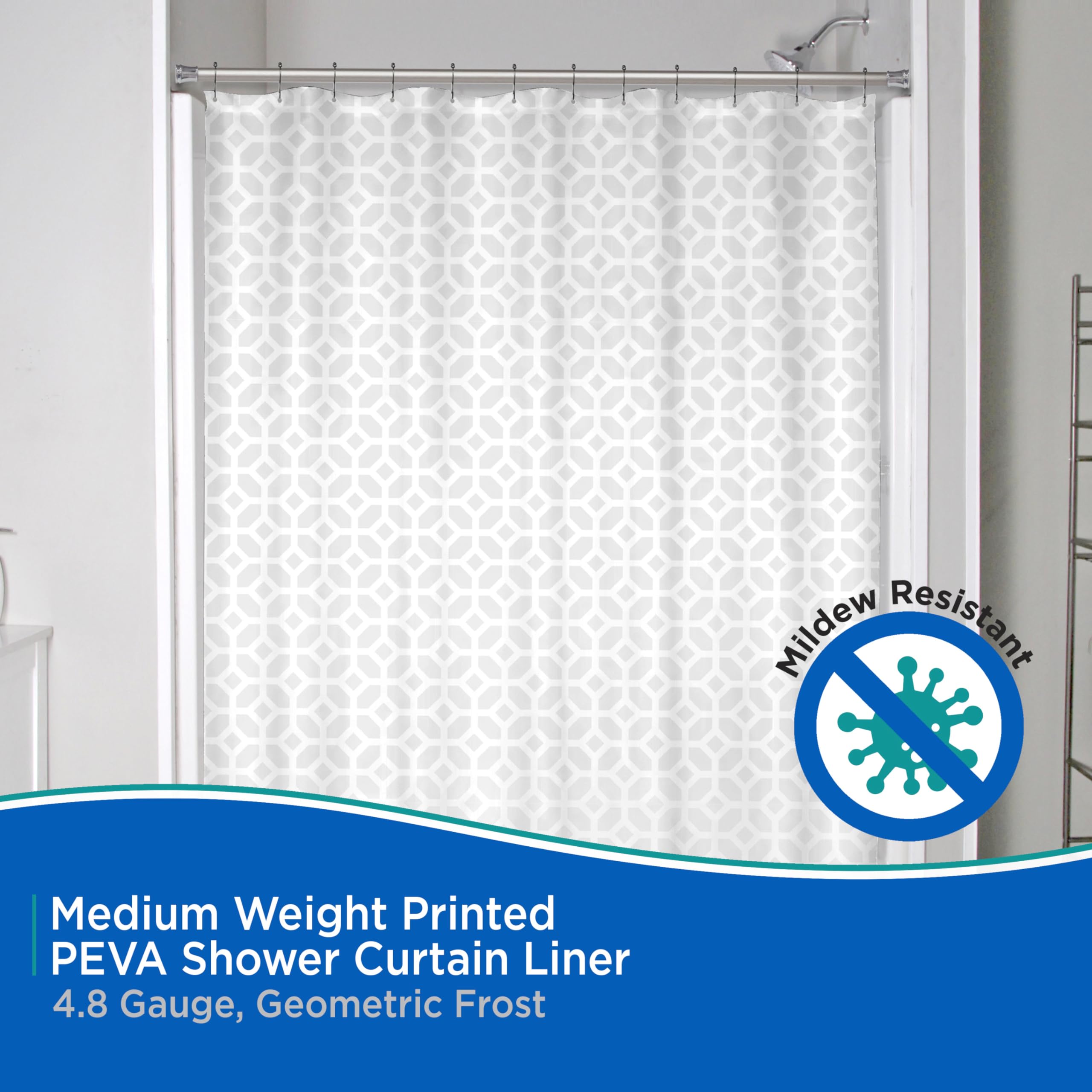 Kenney KN61267 Medium Weight 5 Gauge Decorative Printed Waterproof PEVA Shower Curtain Liner with Durable Eyelet Hang Holes for Bathroom, 70" W x 72" H, Geometric White Frost Pattern - Image 3