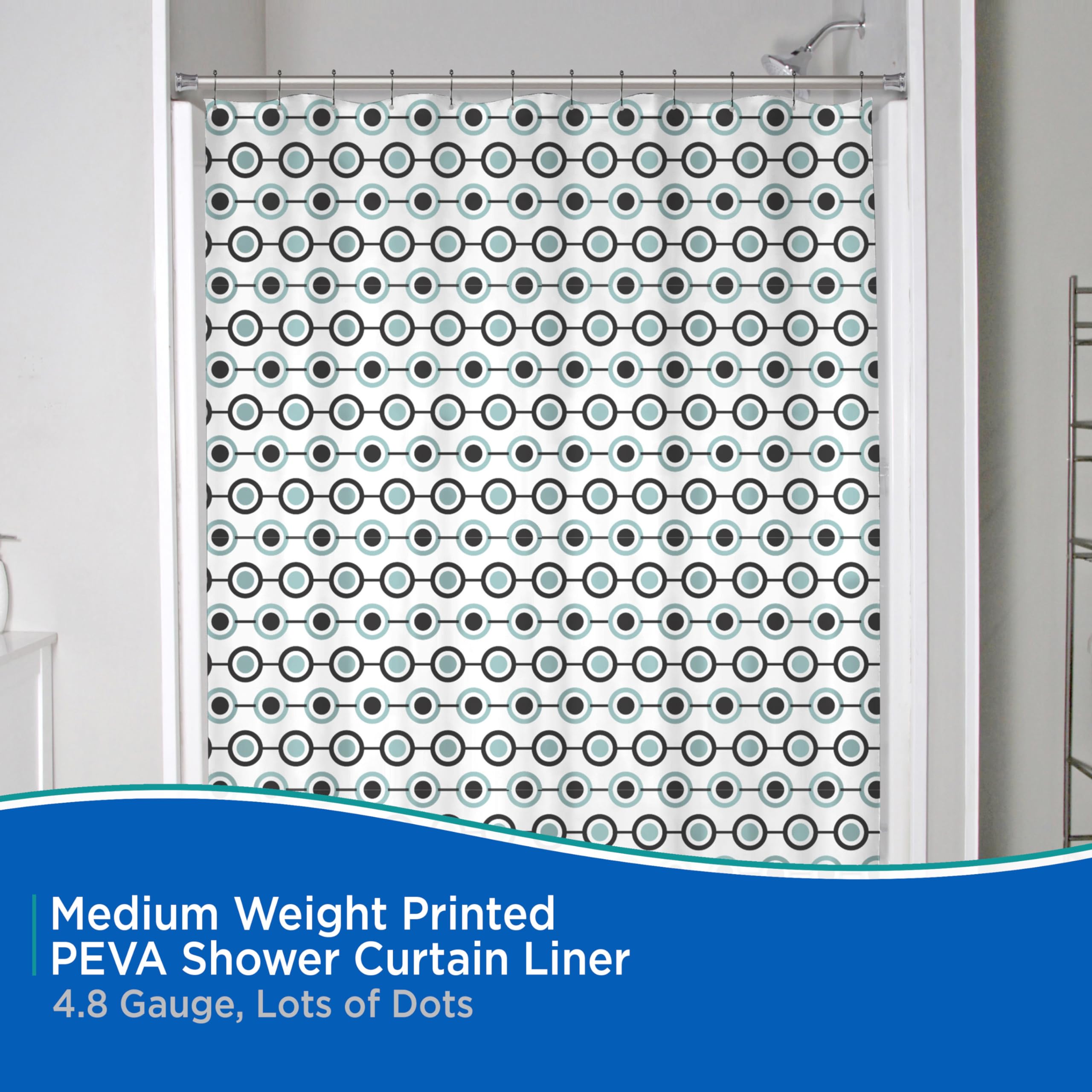 Kenney KN61283 Medium Weight 5 Gauge Decorative Printed Waterproof PEVA Shower Curtain Liner with Durable Eyelet Hang Holes for Bathroom, 70" W x 72" H, Lots of Dots White Black Blue Pattern - Image 3
