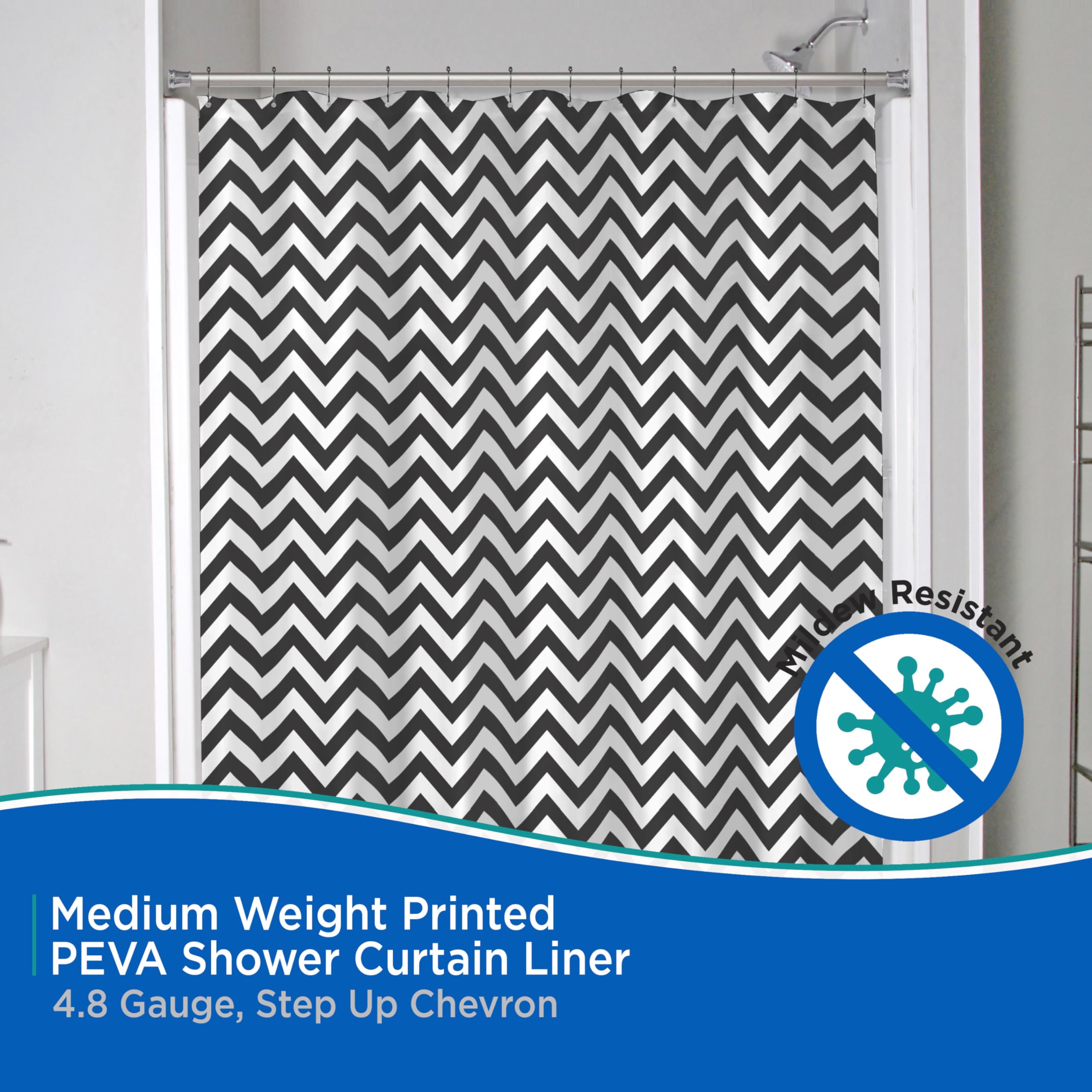 Kenney KN61284 Medium Weight 5 Gauge Decorative Printed Waterproof PEVA Shower Curtain Liner with Durable Eyelet Hang Holes for Bathroom, 70" W x 72" H, Step Up Black and White Chevron Pattern - Image 3