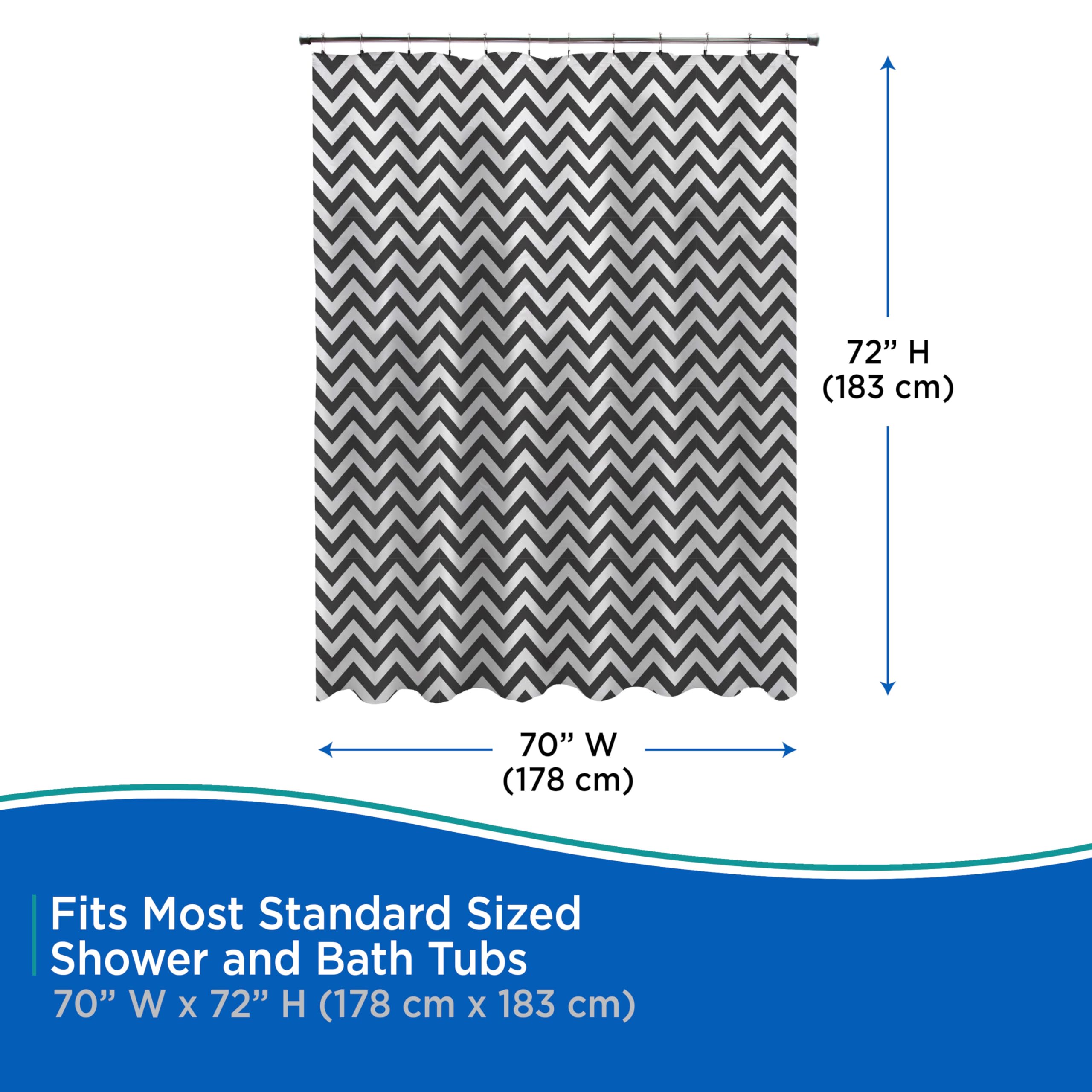 Kenney KN61284 Medium Weight 5 Gauge Decorative Printed Waterproof PEVA Shower Curtain Liner with Durable Eyelet Hang Holes for Bathroom, 70" W x 72" H, Step Up Black and White Chevron Pattern - Image 5