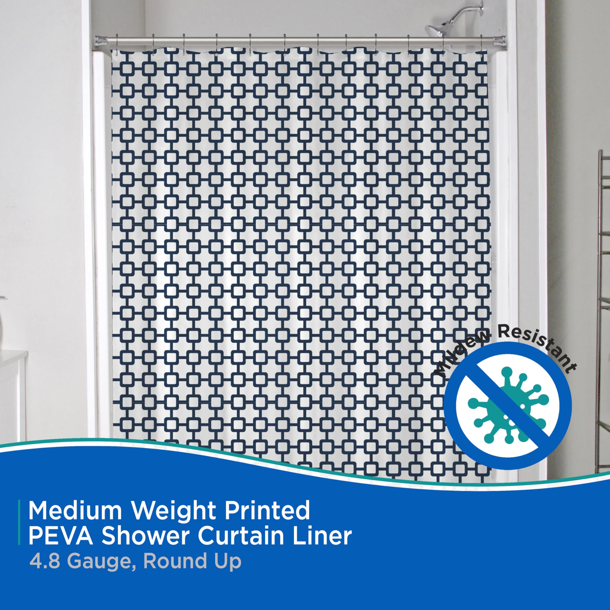 Kenney KN61285 Medium Weight 5 Gauge Decorative Printed Waterproof PEVA Shower Curtain Liner with Durable Eyelet Hang Holes for Bathroom, 70" W x 72" H, Round Up White Blue Square Pattern - Image 3