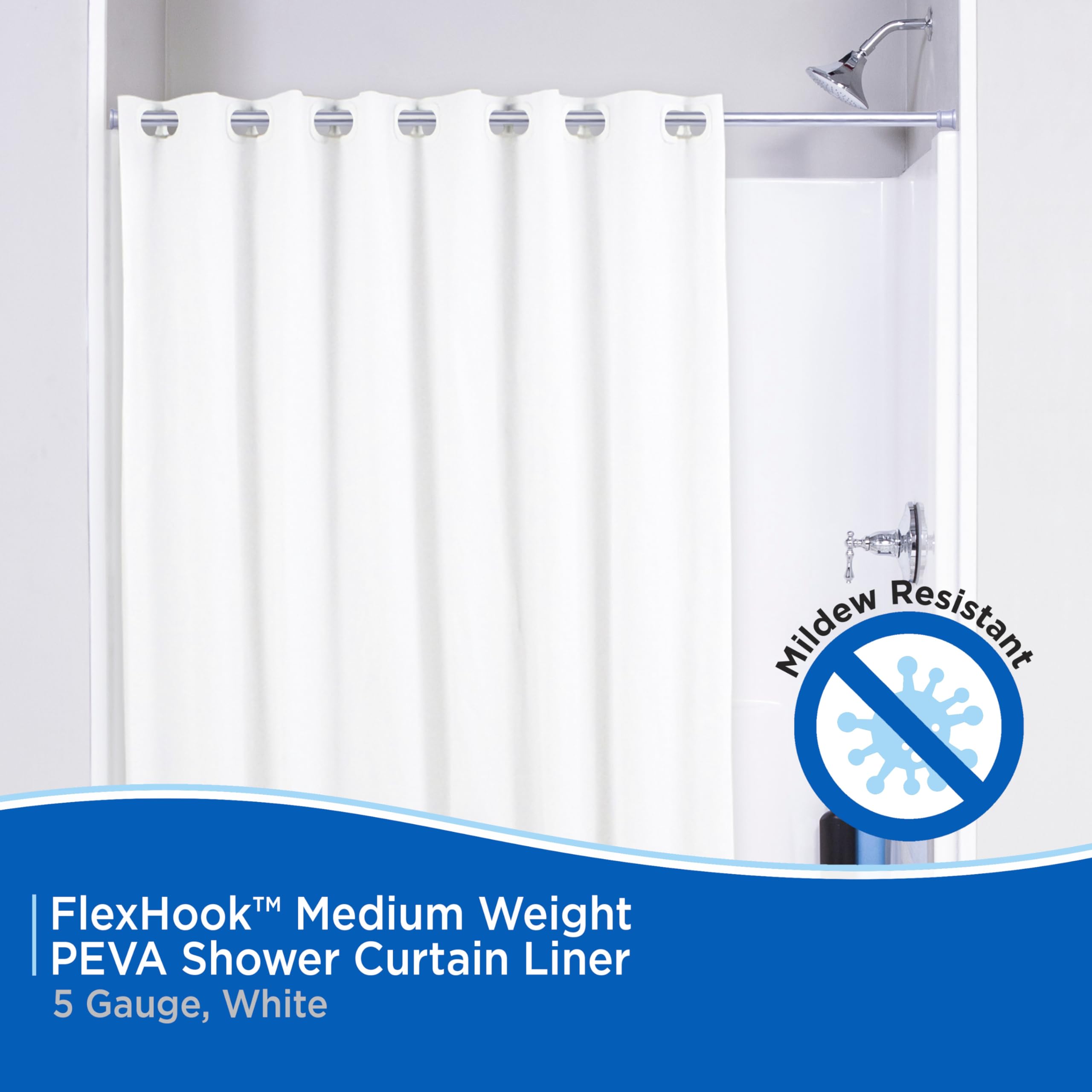 Kenney KN61377 FlexHook Medium Weight 5 Gauge Waterproof PEVA Shower Curtain Liner, Easy Install, No Hook, Hotel Style, 71" W x 74" H, White - Image 3