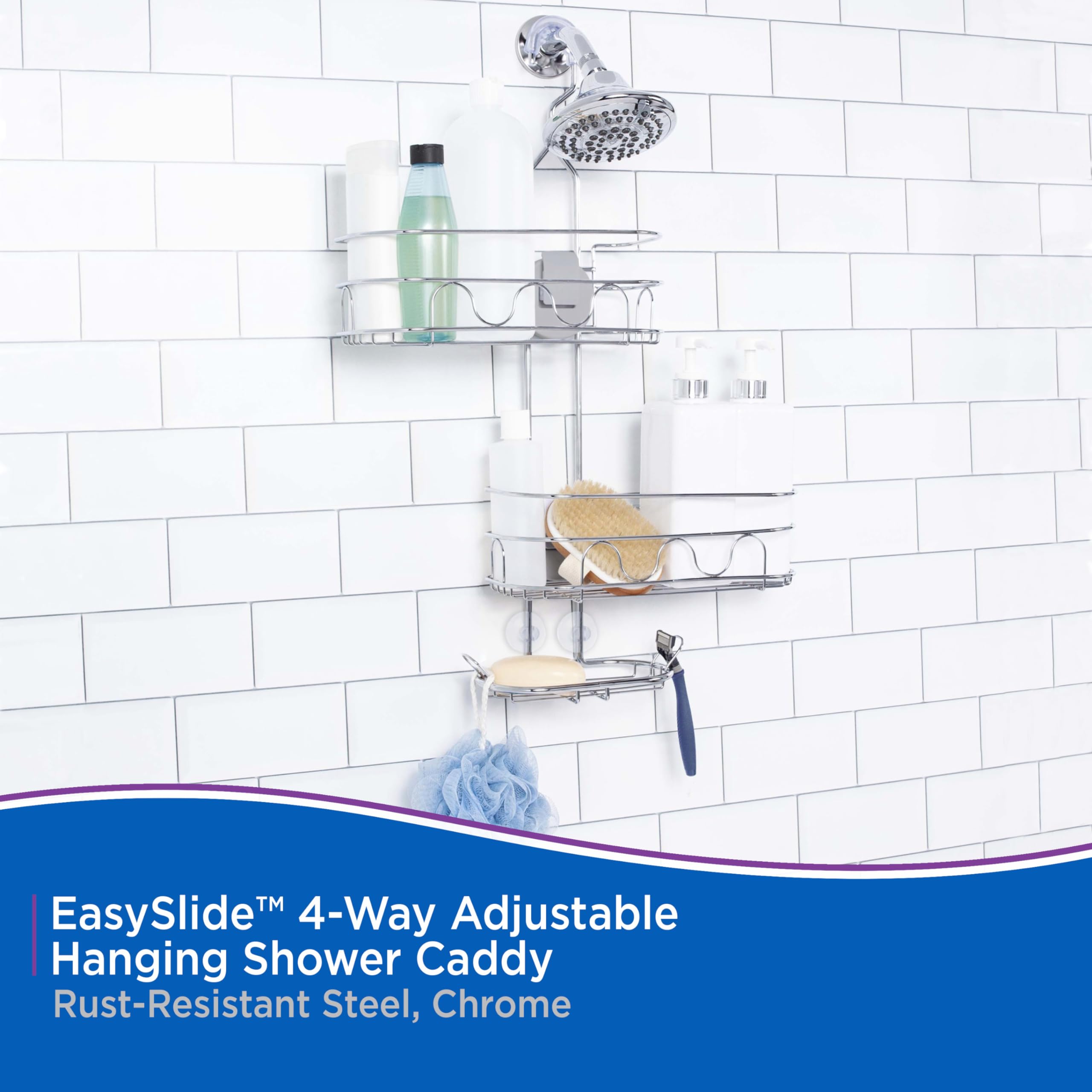 Kenney KN614124 Easy Slide 4-Way Adjustable Shower Caddy, 25.5" L x 12.25" W x 5" D Rust-Resistant Configurable Metal 2-Shelf Hanging Caddy with Soap Dish, Suction Cups and Razor Holders, Chrome - Image 3