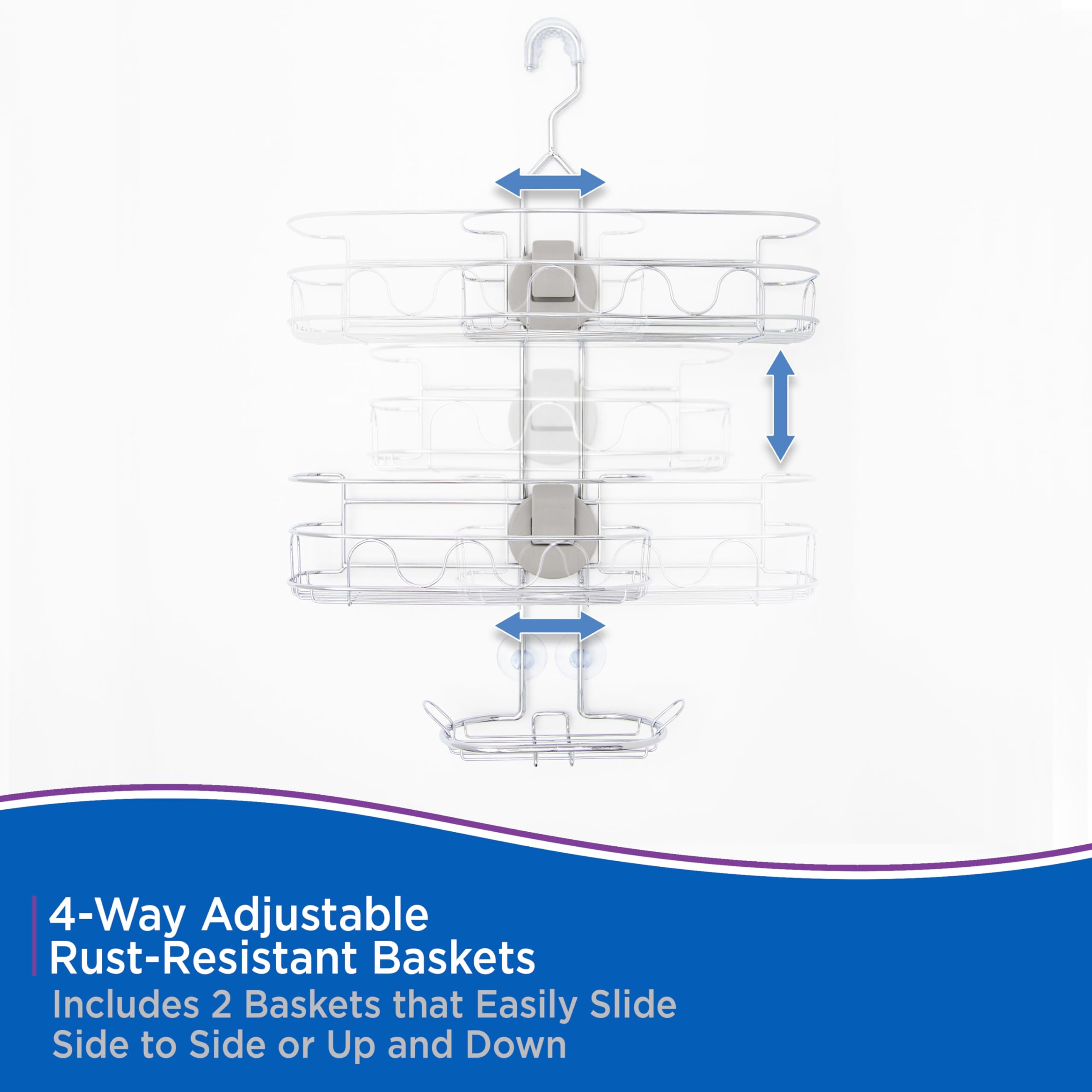 Kenney KN614124 Easy Slide 4-Way Adjustable Shower Caddy, 25.5" L x 12.25" W x 5" D Rust-Resistant Configurable Metal 2-Shelf Hanging Caddy with Soap Dish, Suction Cups and Razor Holders, Chrome - Image 4