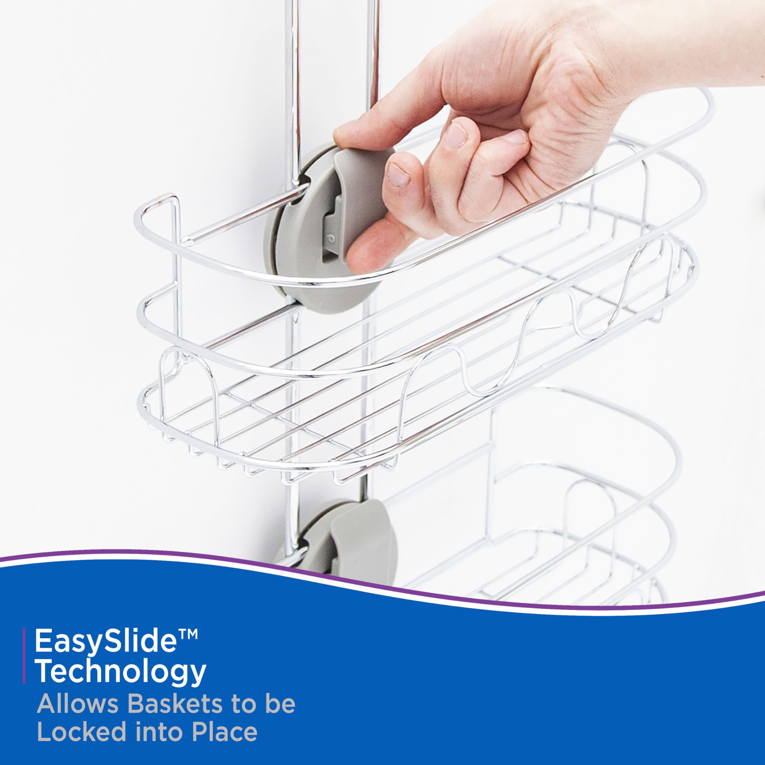 Kenney KN614124 Easy Slide 4-Way Adjustable Shower Caddy, 25.5" L x 12.25" W x 5" D Rust-Resistant Configurable Metal 2-Shelf Hanging Caddy with Soap Dish, Suction Cups and Razor Holders, Chrome - Image 5