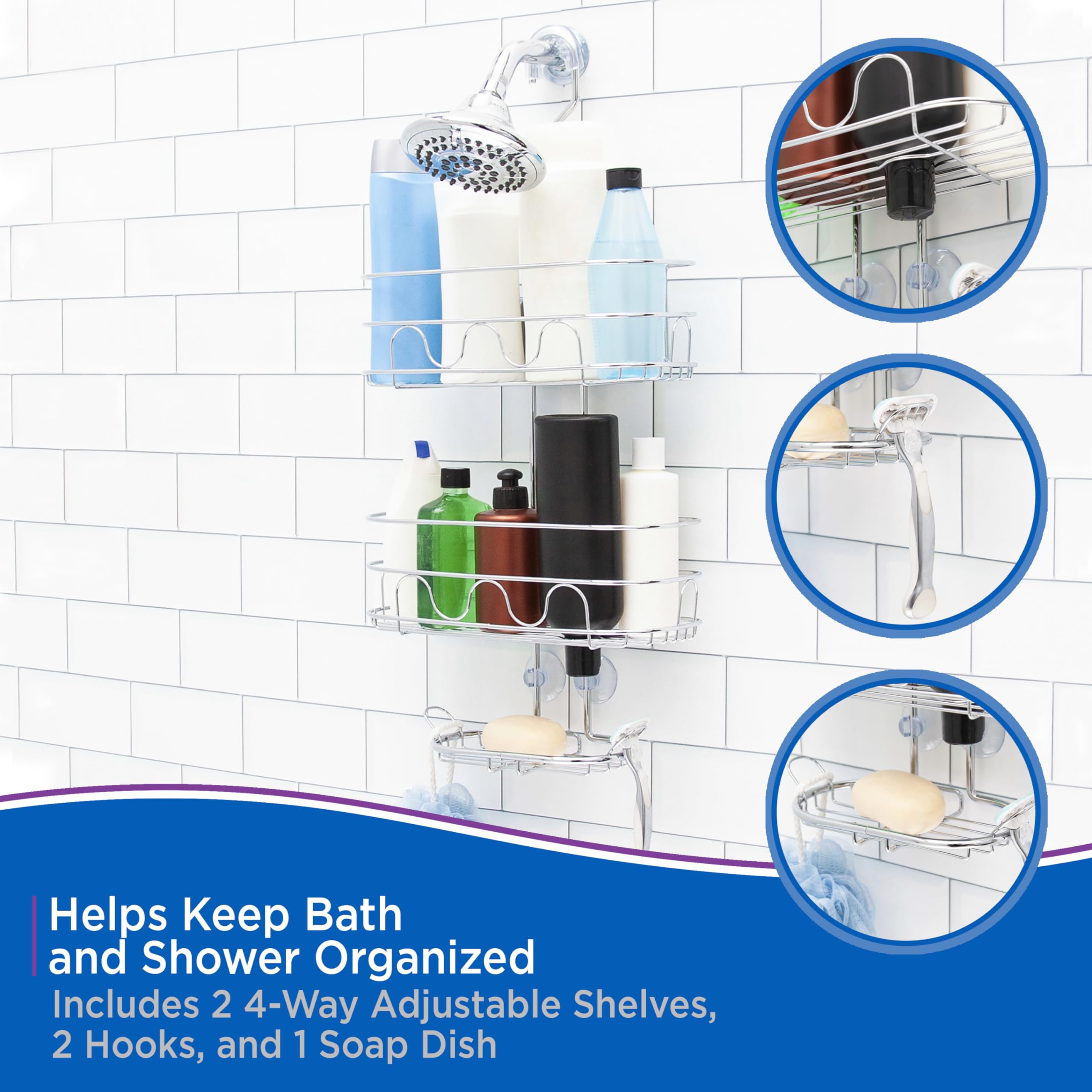 Kenney KN614124 Easy Slide 4-Way Adjustable Shower Caddy, 25.5" L x 12.25" W x 5" D Rust-Resistant Configurable Metal 2-Shelf Hanging Caddy with Soap Dish, Suction Cups and Razor Holders, Chrome - Image 6