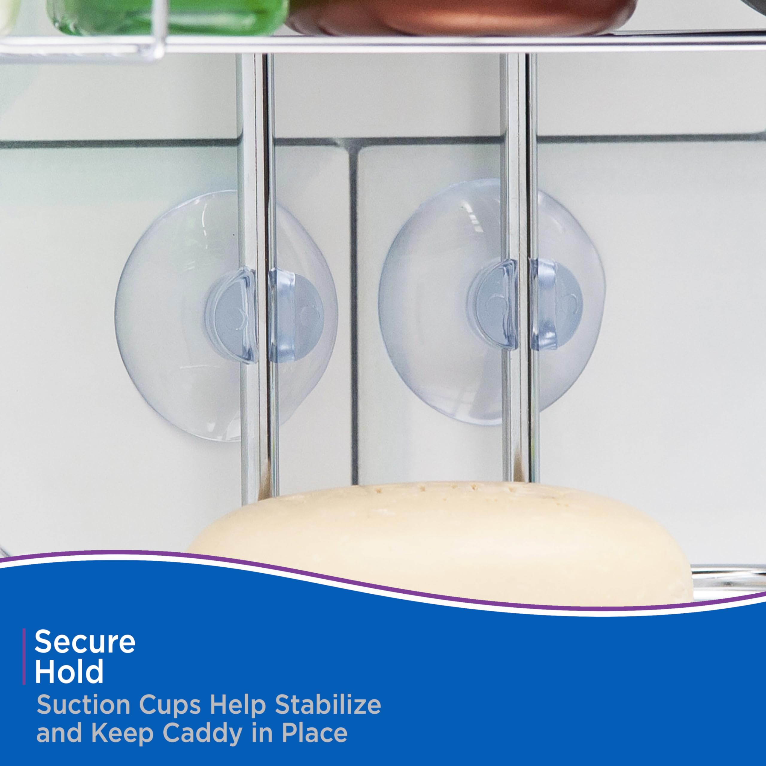 Kenney KN614124 Easy Slide 4-Way Adjustable Shower Caddy, 25.5" L x 12.25" W x 5" D Rust-Resistant Configurable Metal 2-Shelf Hanging Caddy with Soap Dish, Suction Cups and Razor Holders, Chrome - Image 8