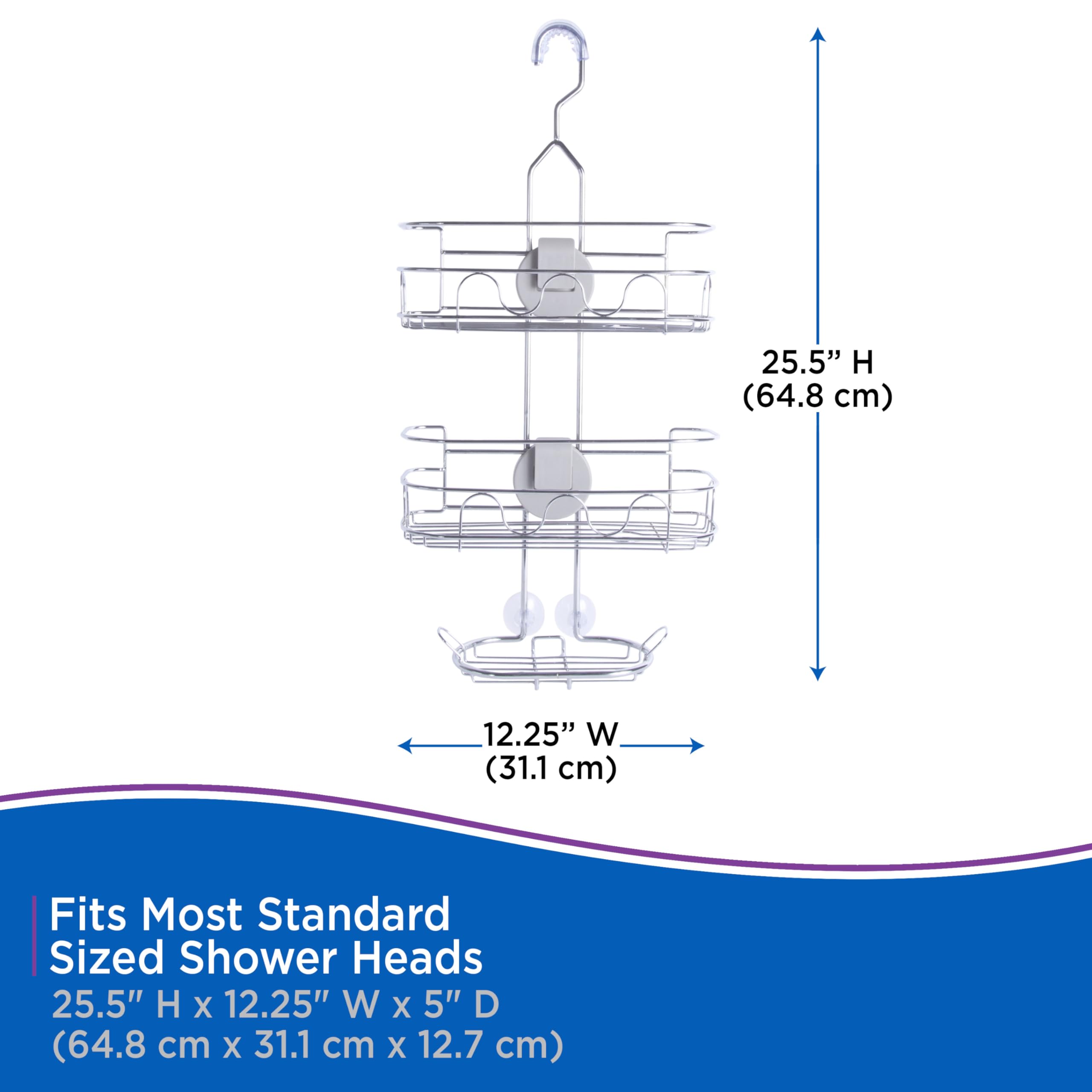 Kenney KN614124 Easy Slide 4-Way Adjustable Shower Caddy, 25.5" L x 12.25" W x 5" D Rust-Resistant Configurable Metal 2-Shelf Hanging Caddy with Soap Dish, Suction Cups and Razor Holders, Chrome - Image 9