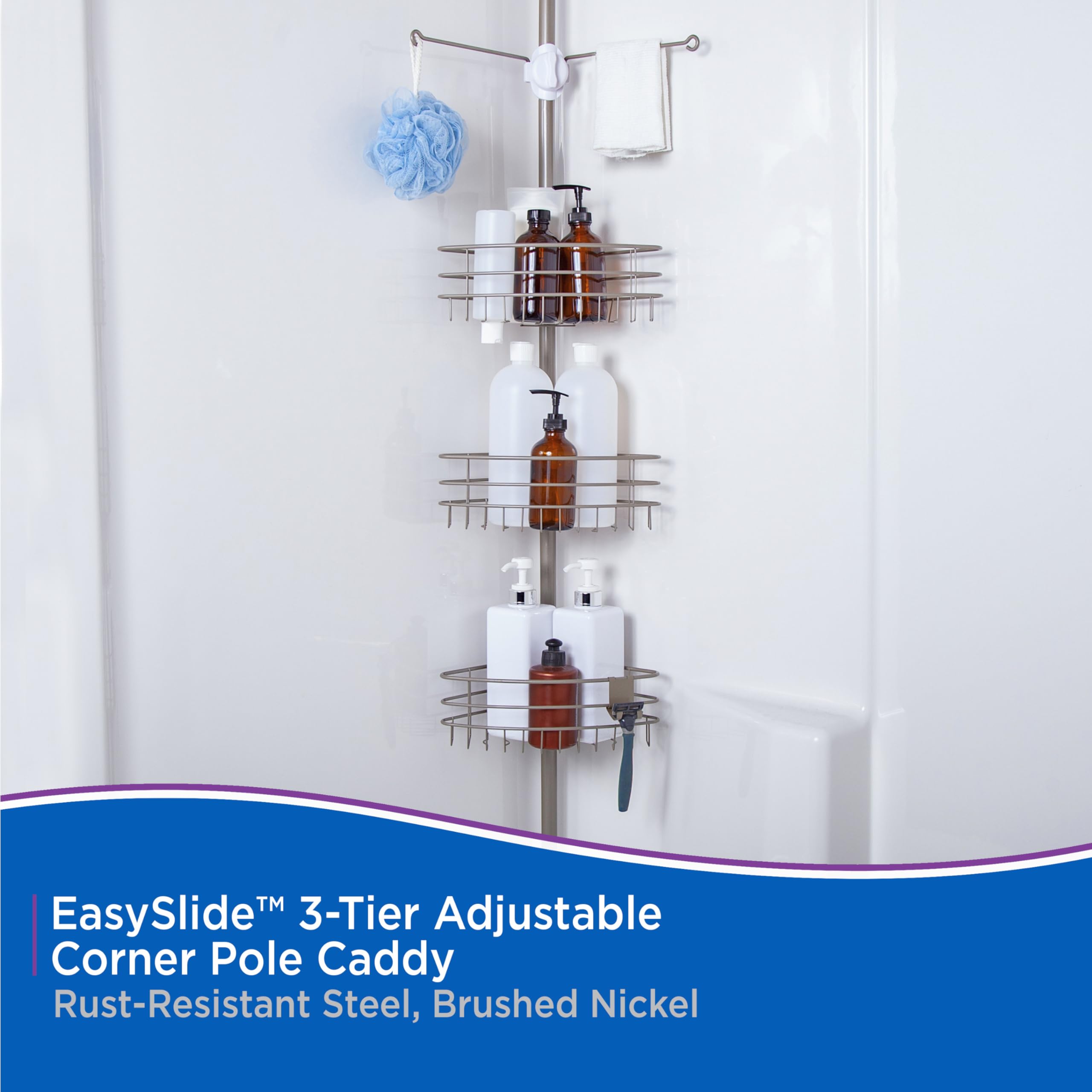 Kenney KN614128 Easy Slide Adjustable Height (6' 9"-9') Spring Tension Metal Corner Pole Shower Caddy with 3 Adjustable Rust-Resistant Basket Shelves, Towel Bars, and Razor Holders, Brushed Nickel - Image 3