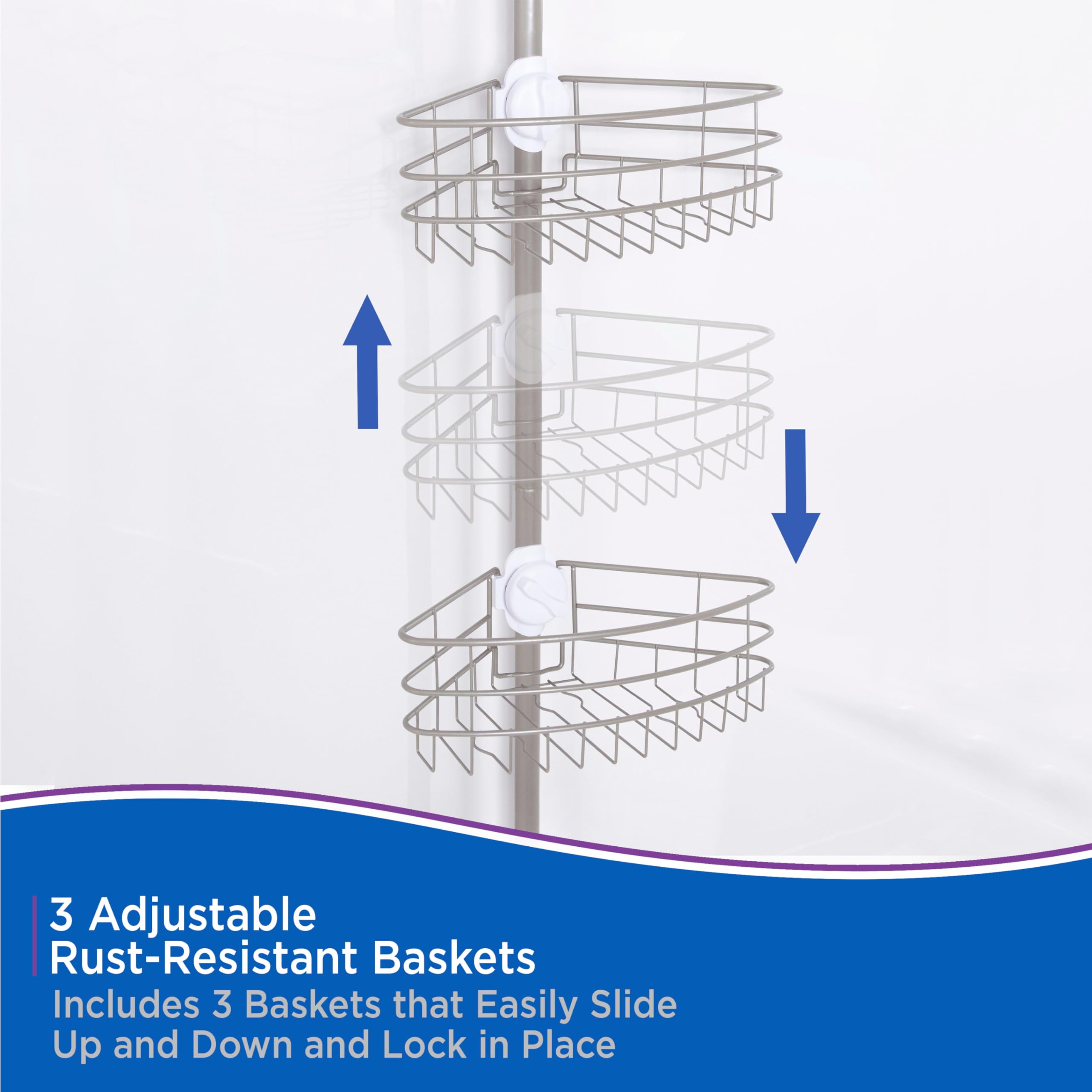 Kenney KN614128 Easy Slide Adjustable Height (6' 9"-9') Spring Tension Metal Corner Pole Shower Caddy with 3 Adjustable Rust-Resistant Basket Shelves, Towel Bars, and Razor Holders, Brushed Nickel - Image 4