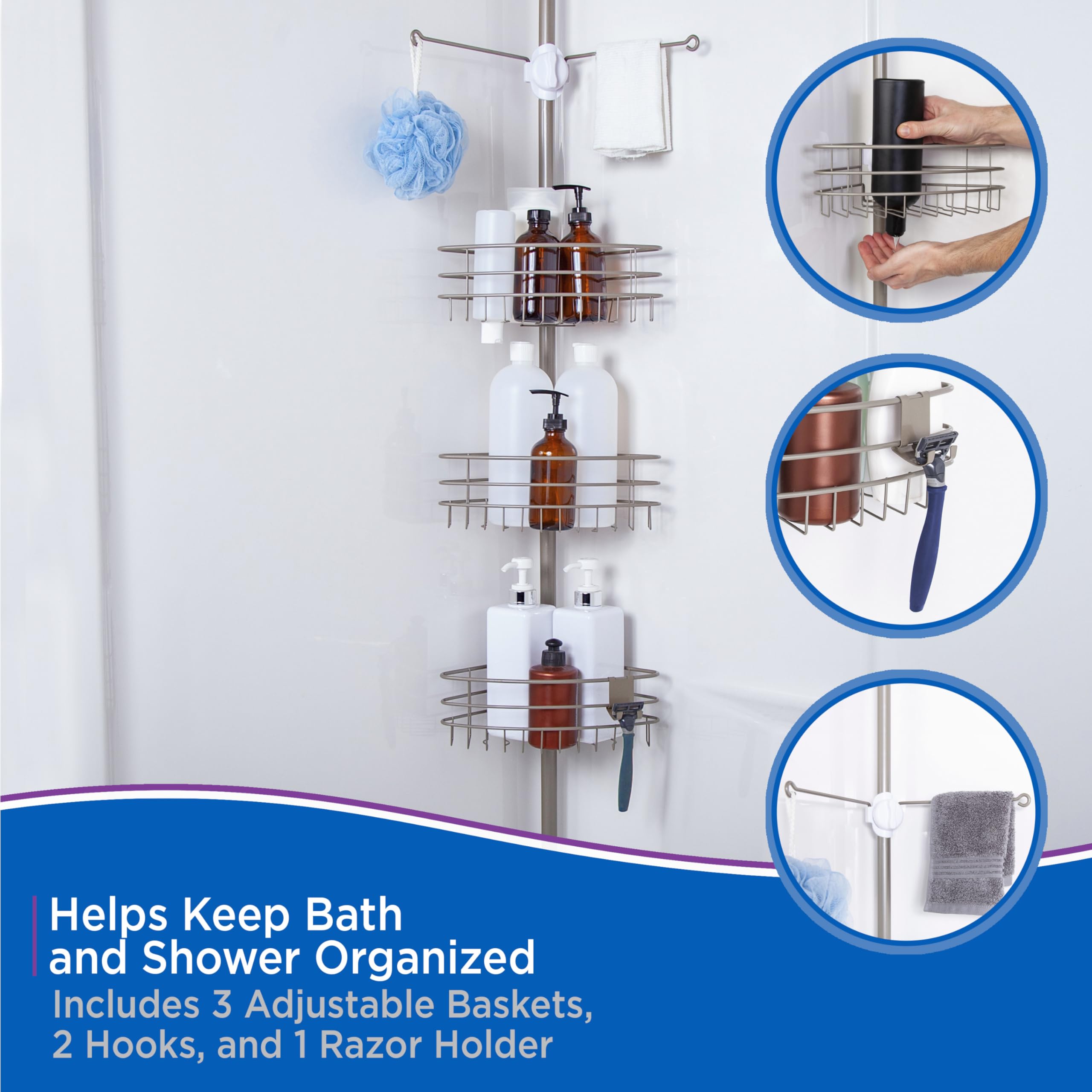 Kenney KN614128 Easy Slide Adjustable Height (6' 9"-9') Spring Tension Metal Corner Pole Shower Caddy with 3 Adjustable Rust-Resistant Basket Shelves, Towel Bars, and Razor Holders, Brushed Nickel - Image 6