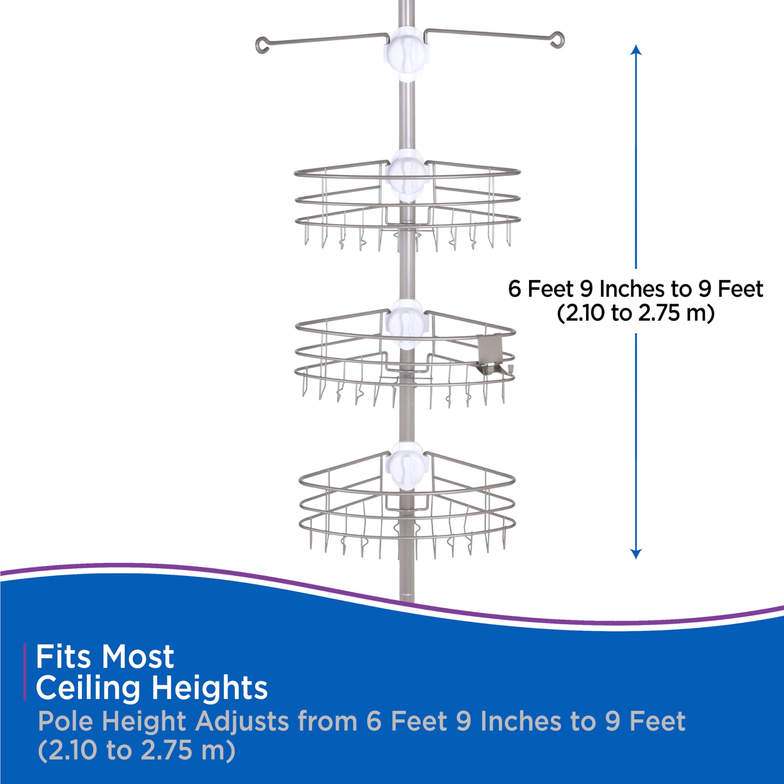 Kenney KN614128 Easy Slide Adjustable Height (6' 9"-9') Spring Tension Metal Corner Pole Shower Caddy with 3 Adjustable Rust-Resistant Basket Shelves, Towel Bars, and Razor Holders, Brushed Nickel - Image 7