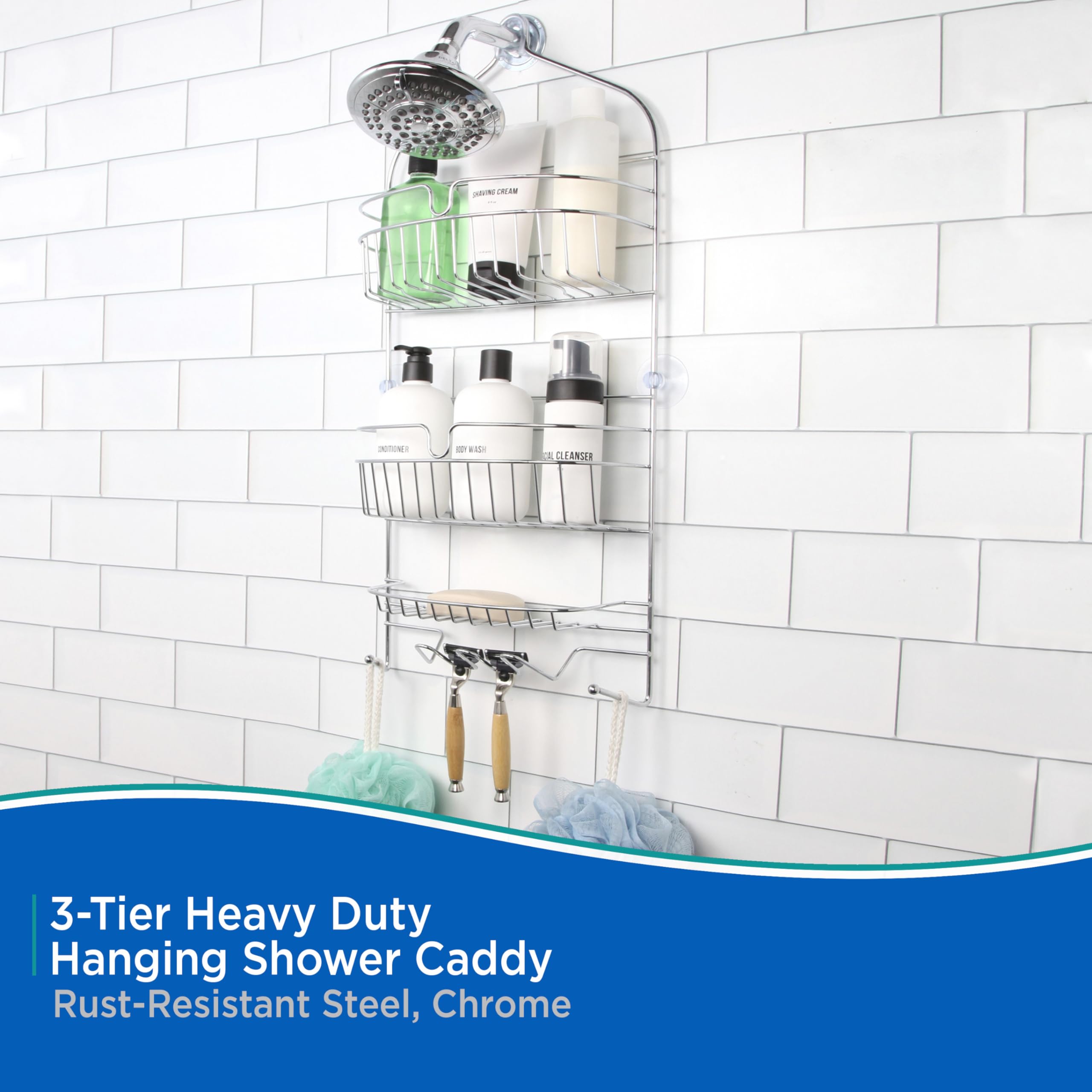 Kenney KN614151 Over the Shower Head 24" L x 11" W x 4.5" D Rust-Resistant Metal Wire Large 3-Shelf Hanging Caddy with Suction Cups and Razor Holders for Bathroom Shower, Chrome - Image 4
