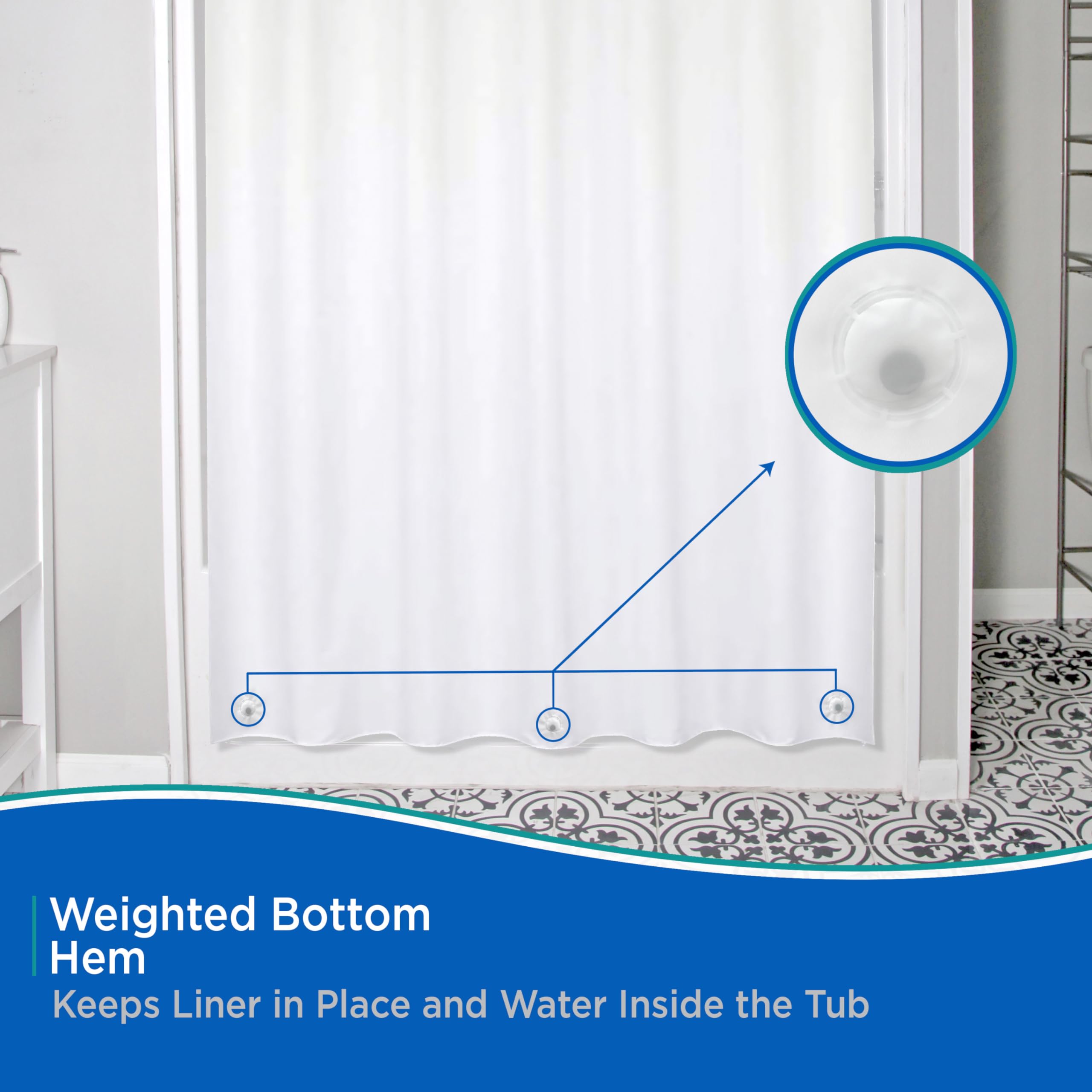 Kenney KN61709 Medium Weight 5 Gauge Waterproof PEVA Shower Curtain Liner with Durable Eyelet Hang Holes, Weighted Magnetic Hem, and 12 Piece Beaded Roller Ring Set for Bathroom, 70" W x 72" H, White - Image 7