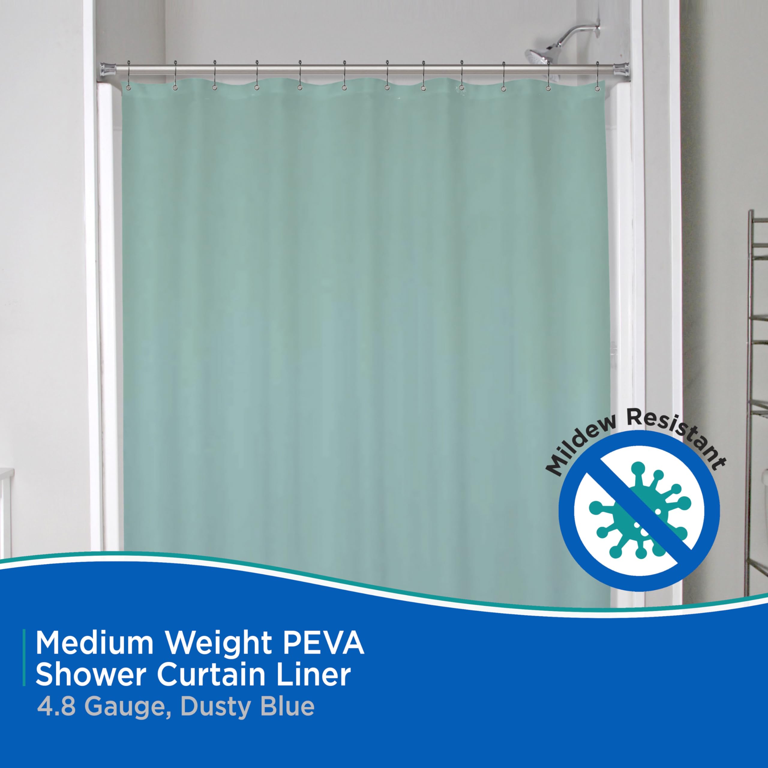 Kenney KN61437 Medium Weight 5 Gauge Waterproof PEVA Shower Curtain Liner with Rust-Resistant Metal Grommets and Weighted Magnetic Hem for Bathroom, 70" W x 72" H, Dusty Blue, 1-Pack - Image 3