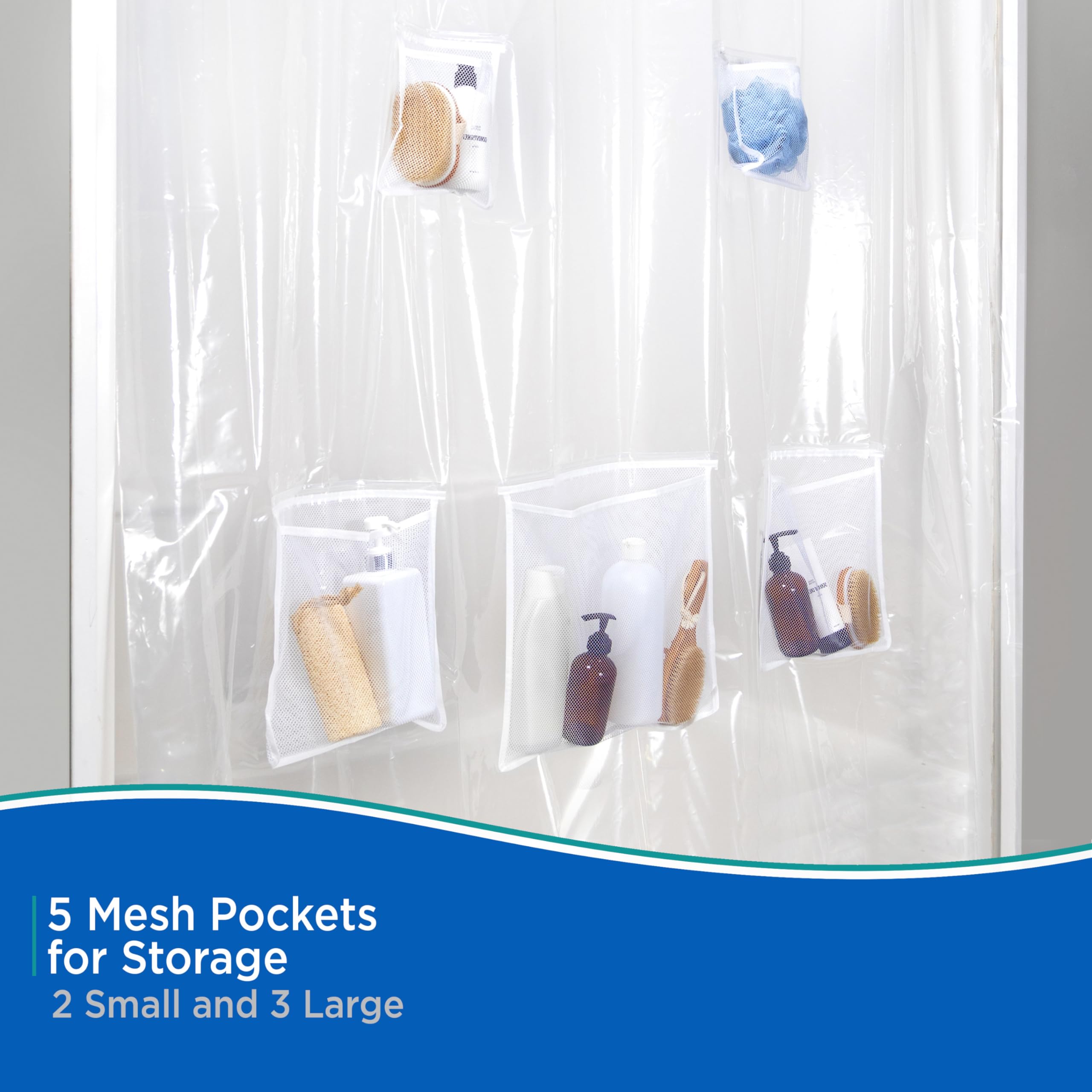 Kenney KN61447 Medium Weight 5 Gauge Waterproof PEVA Shower Curtain Liner with 5 Mesh Storage Pockets and Rust-Resistant Metal Grommets for Bathroom, 70" W x 72" H, Clear - Image 3