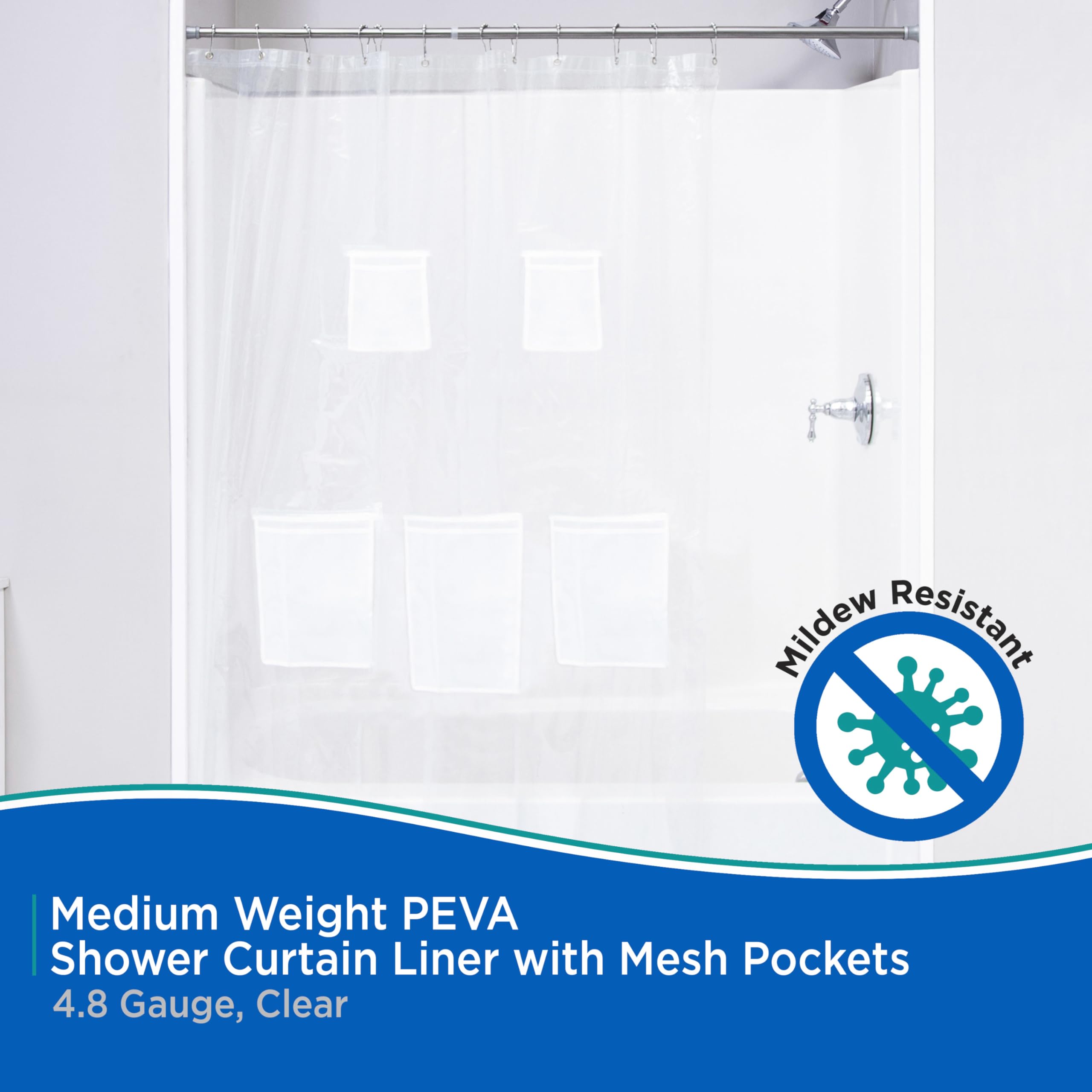 Kenney KN61447 Medium Weight 5 Gauge Waterproof PEVA Shower Curtain Liner with 5 Mesh Storage Pockets and Rust-Resistant Metal Grommets for Bathroom, 70" W x 72" H, Clear - Image 4