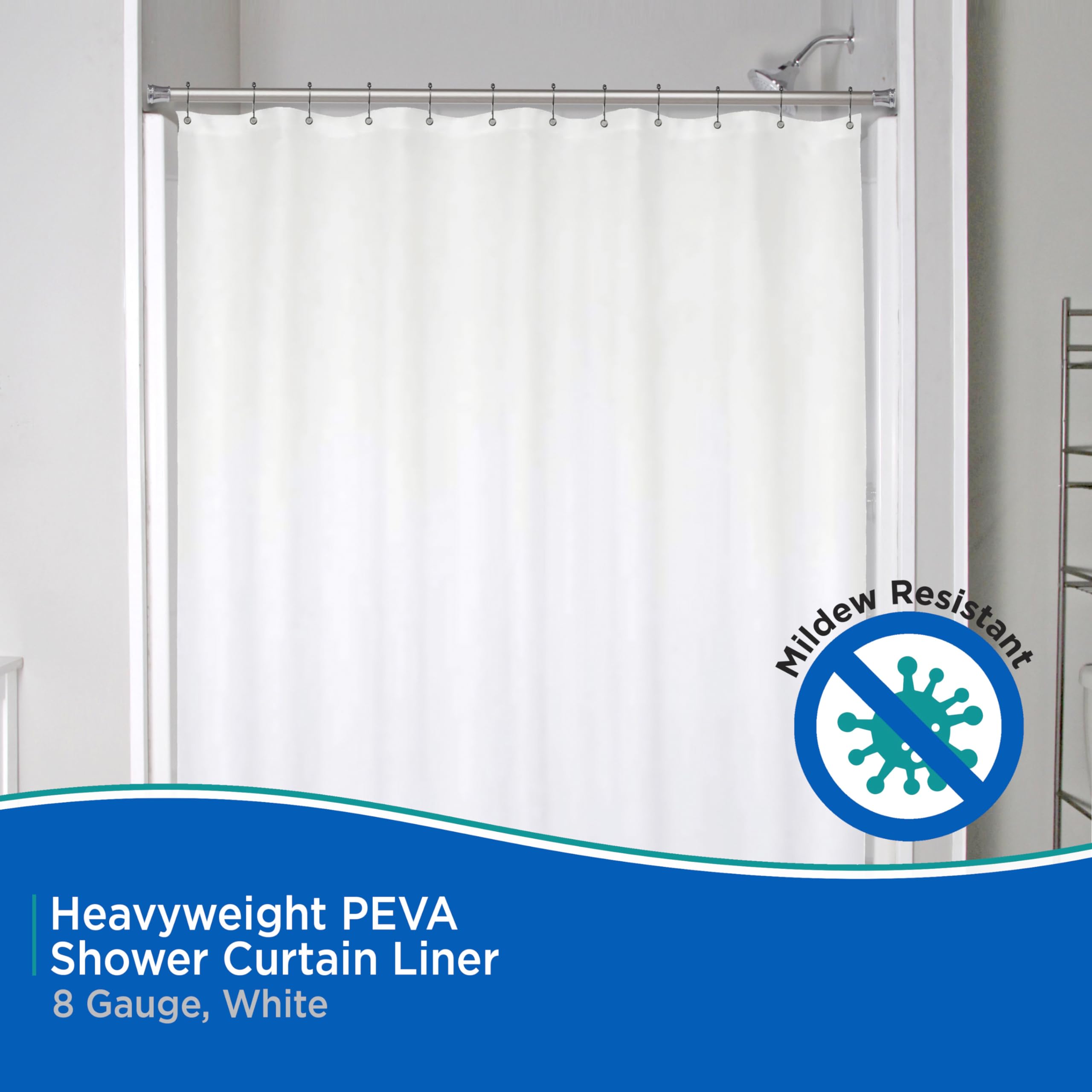Kenney KN61450 Heavyweight 8 Gauge Waterproof PEVA Shower Curtain Liner with Rust-Resistant Metal Grommets and Weighted Magnetic Hem for Bathroom, 70" W x 72" H, White - Image 3