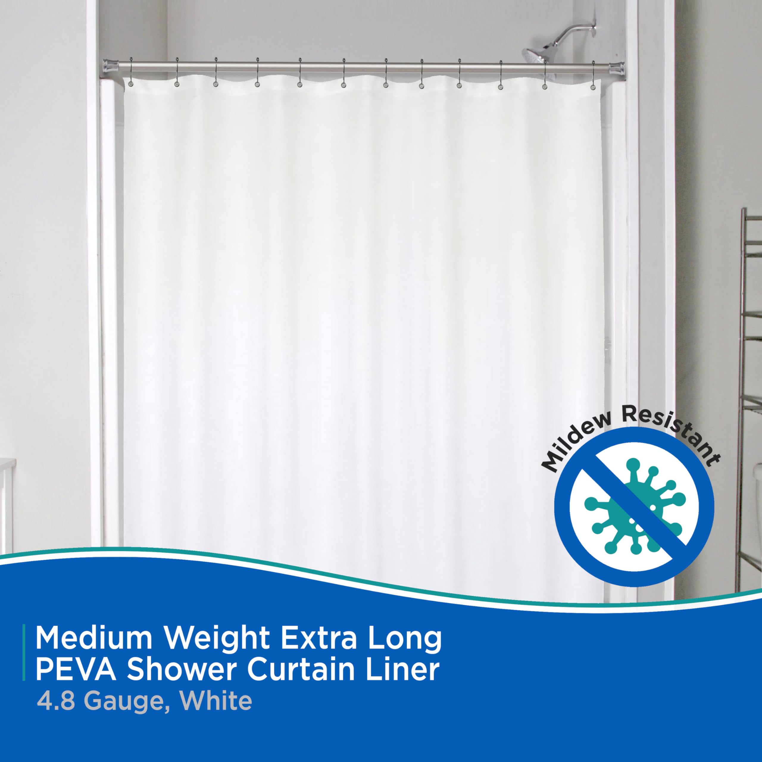 Kenney KN61469 Medium Weight 5 Gauge Extra Long Waterproof PEVA Shower Curtain Liner with Rust-Resistant Metal Grommets and Weighted Magnetic Hem for Bathroom, 70" W x 78" H, White - Image 3
