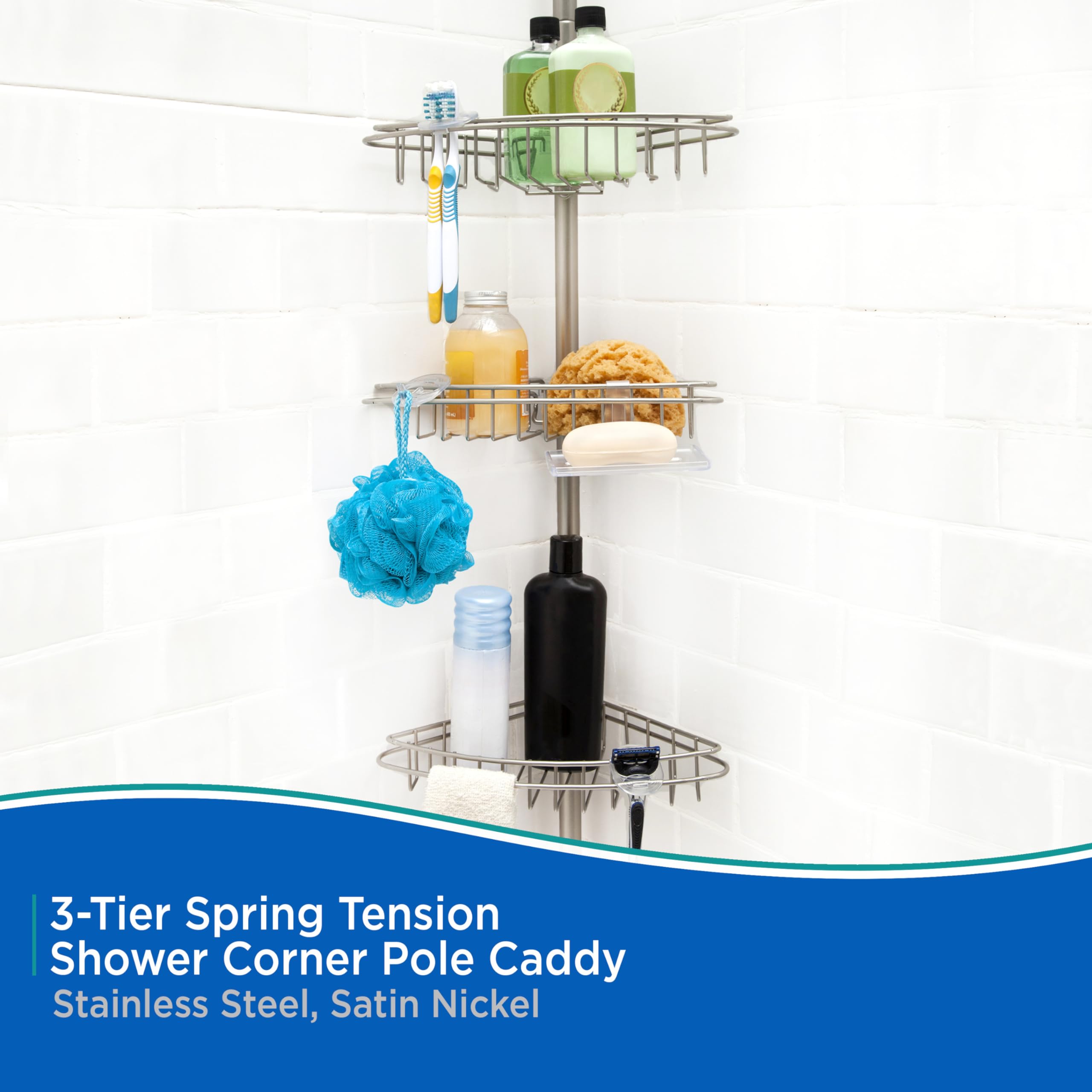 Kenney KN61520 Adjustable Height (5'-9') Spring Tension Metal Corner Pole Shower Caddy with 3 Adjustable Rust-Proof Basket Shelves, Towel Bars, and Razor Holders for Bathroom Shower, Satin Nickel - Image 3