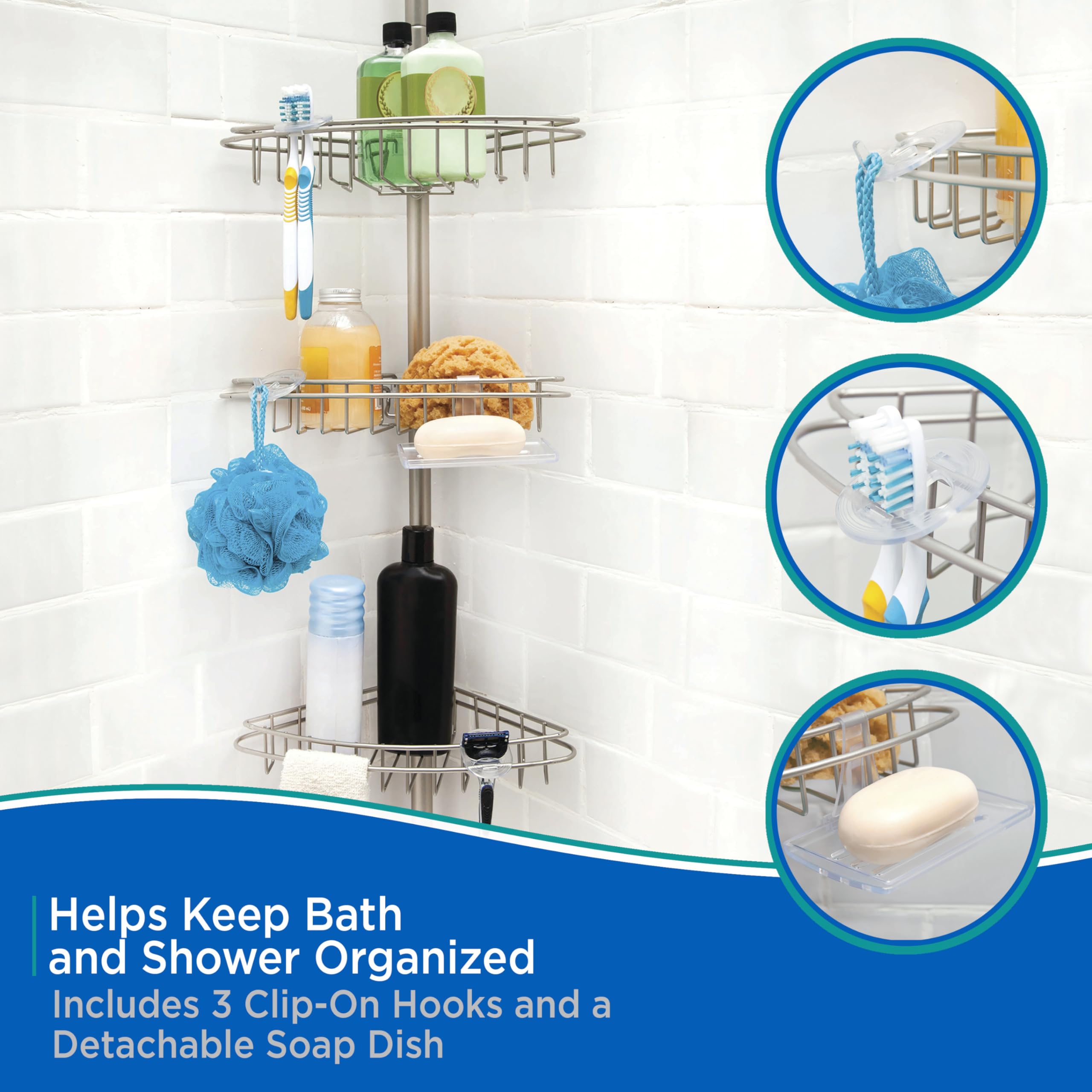 Kenney KN61520 Adjustable Height (5'-9') Spring Tension Metal Corner Pole Shower Caddy with 3 Adjustable Rust-Proof Basket Shelves, Towel Bars, and Razor Holders for Bathroom Shower, Satin Nickel - Image 4