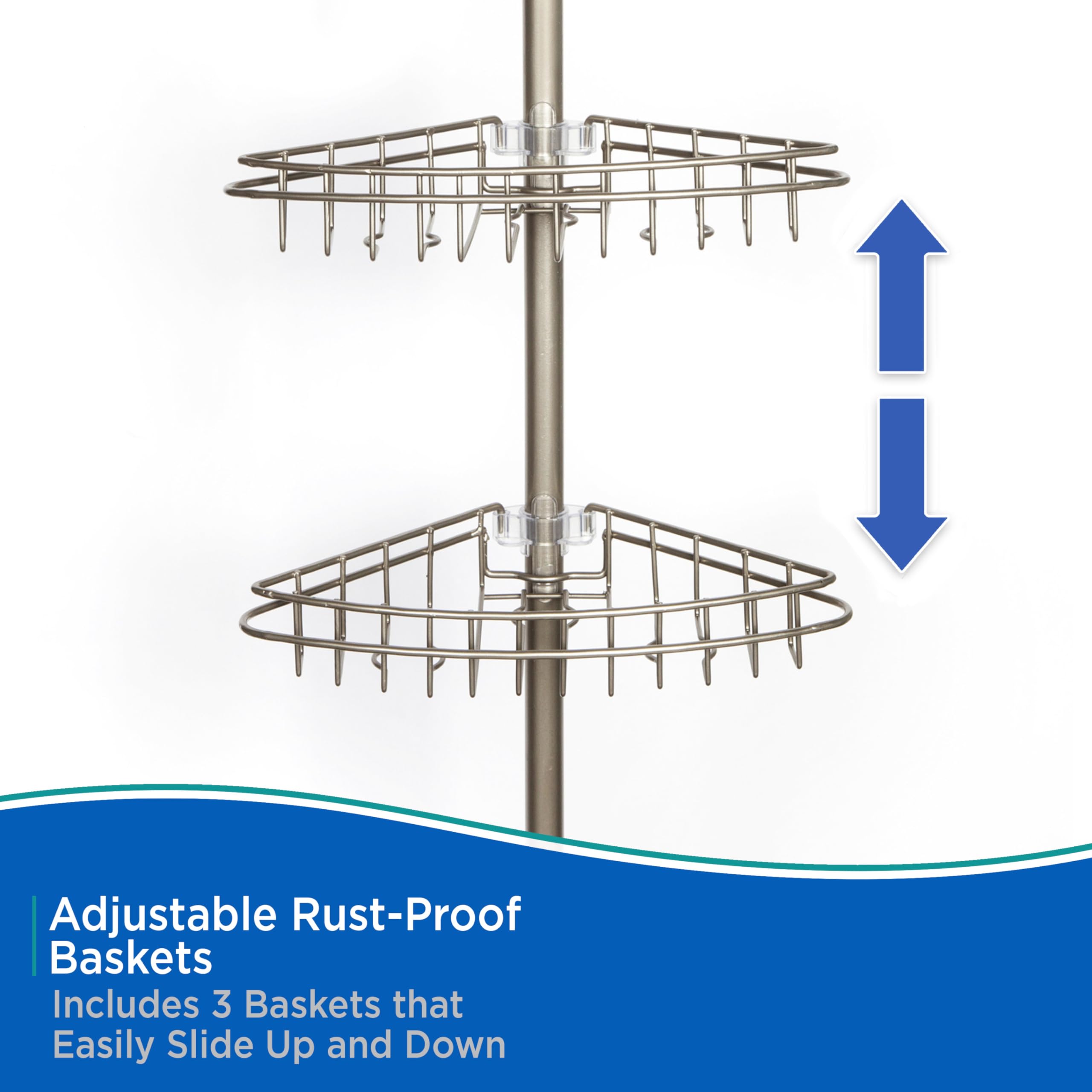 Kenney KN61520 Adjustable Height (5'-9') Spring Tension Metal Corner Pole Shower Caddy with 3 Adjustable Rust-Proof Basket Shelves, Towel Bars, and Razor Holders for Bathroom Shower, Satin Nickel - Image 5