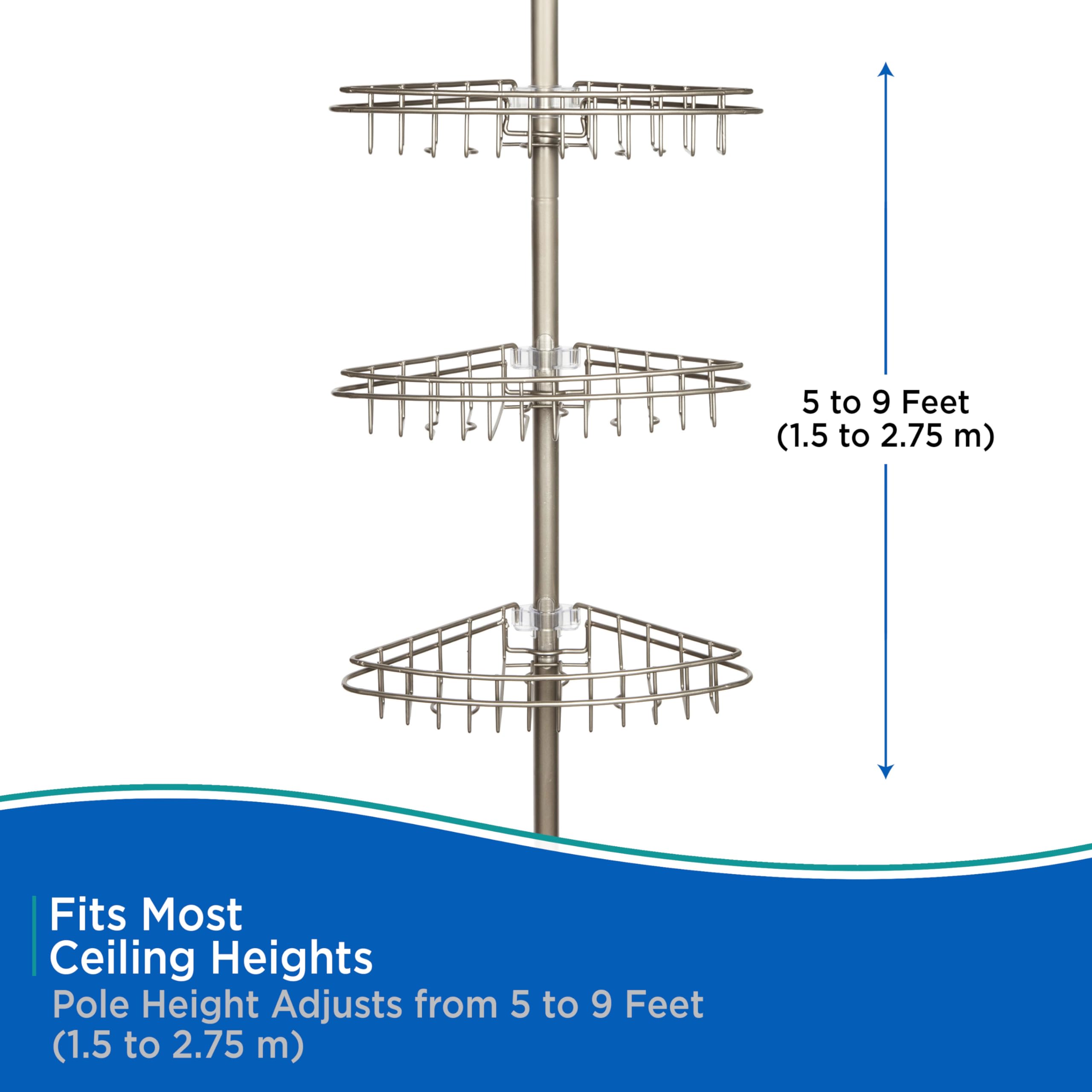 Kenney KN61520 Adjustable Height (5'-9') Spring Tension Metal Corner Pole Shower Caddy with 3 Adjustable Rust-Proof Basket Shelves, Towel Bars, and Razor Holders for Bathroom Shower, Satin Nickel - Image 6