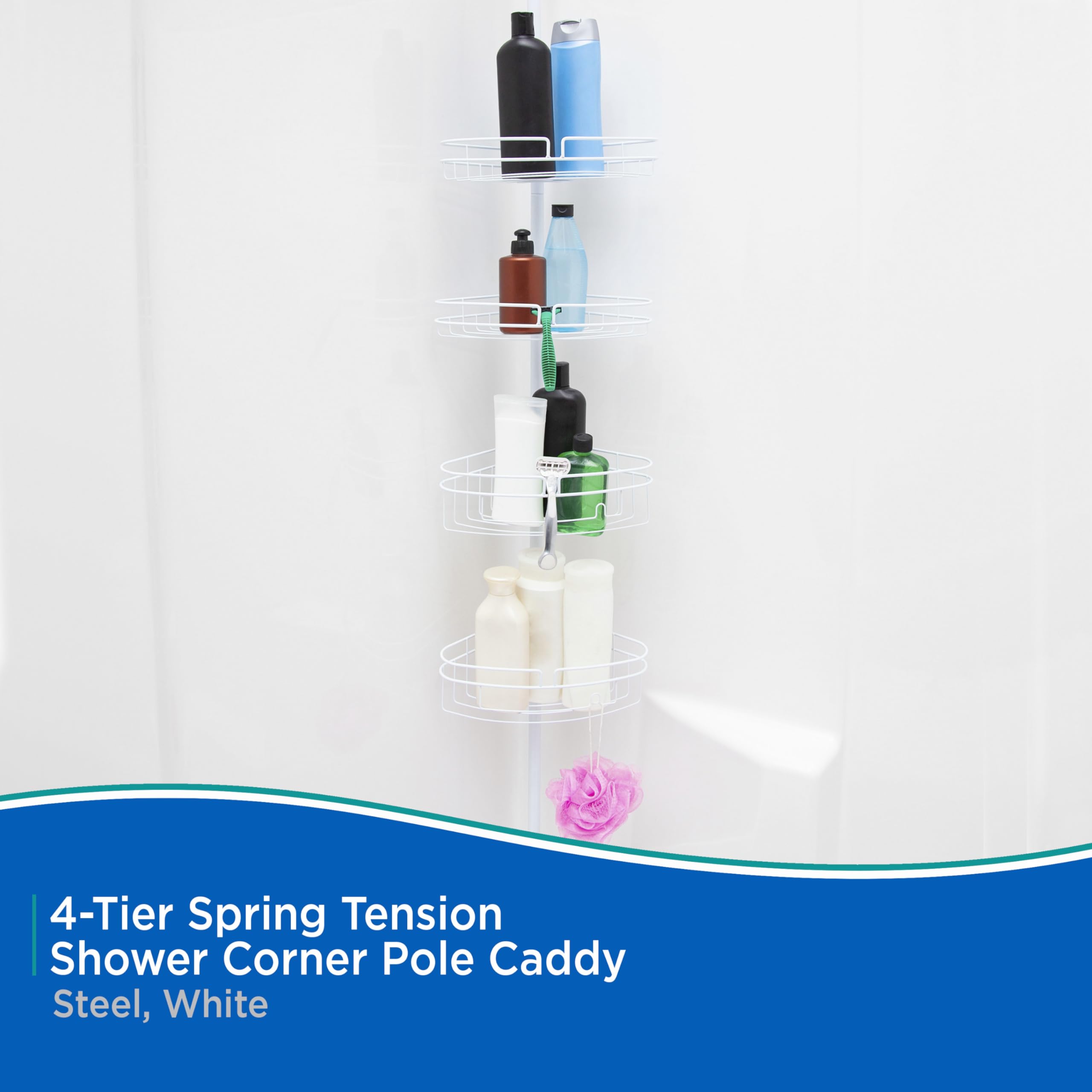 Kenney KN61523 Adjustable Height (5-9 Feet) Spring Tension Rust-Resistant Metal Corner Pole Shower Caddy with 4 Adjustable Basket Shelves, Towel Bars, and Razor Holders for Bathroom Shower, White - Image 3