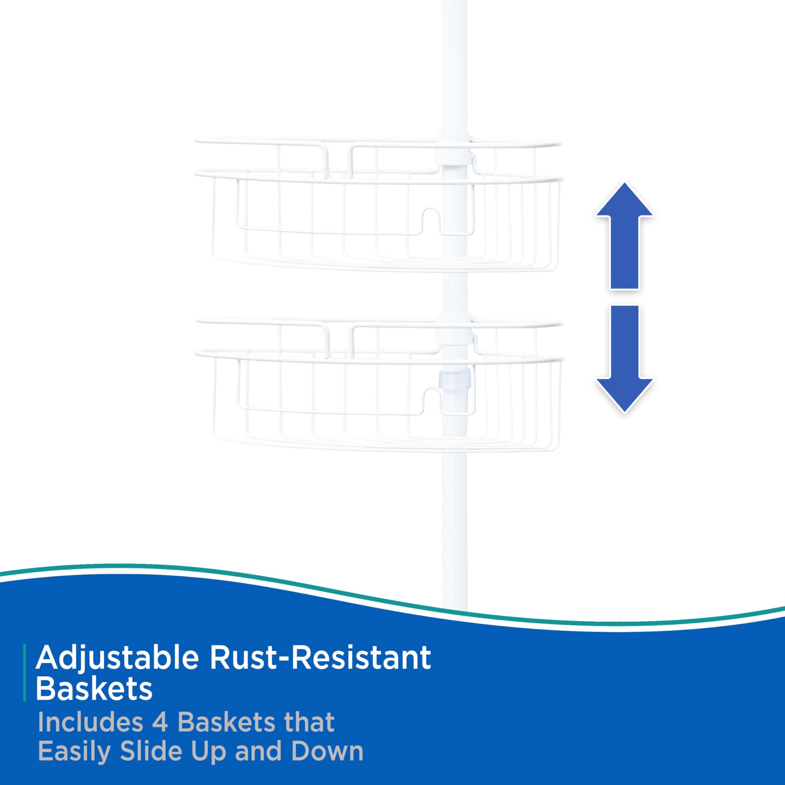 Kenney KN61523 Adjustable Height (5-9 Feet) Spring Tension Rust-Resistant Metal Corner Pole Shower Caddy with 4 Adjustable Basket Shelves, Towel Bars, and Razor Holders for Bathroom Shower, White - Image 4