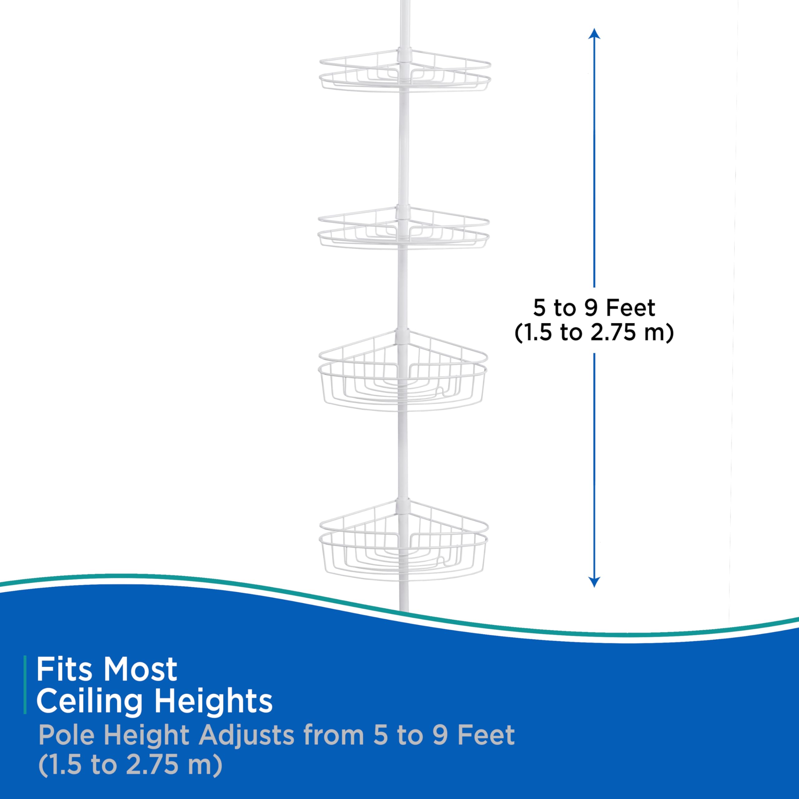 Kenney KN61523 Adjustable Height (5-9 Feet) Spring Tension Rust-Resistant Metal Corner Pole Shower Caddy with 4 Adjustable Basket Shelves, Towel Bars, and Razor Holders for Bathroom Shower, White - Image 5
