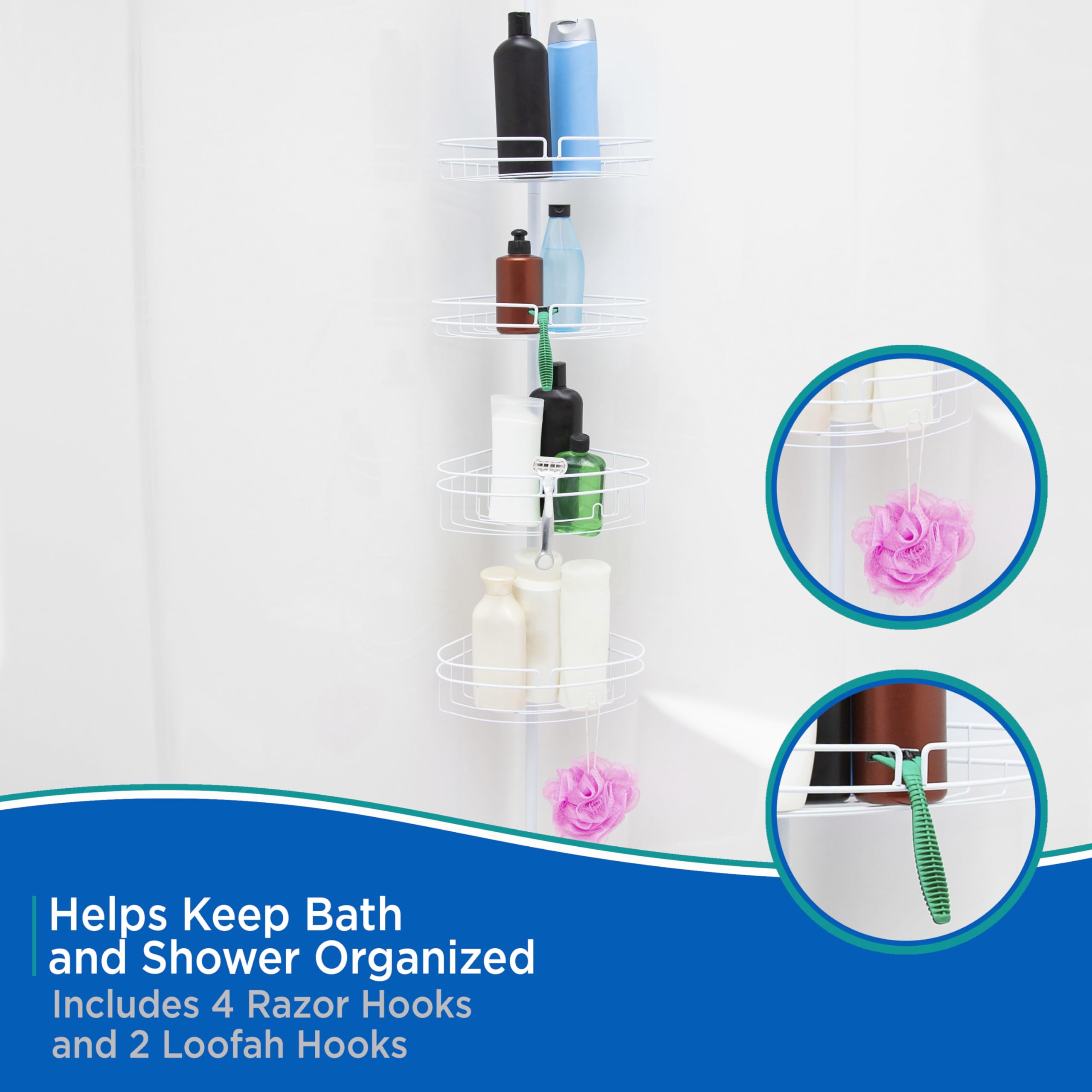 Kenney KN61523 Adjustable Height (5-9 Feet) Spring Tension Rust-Resistant Metal Corner Pole Shower Caddy with 4 Adjustable Basket Shelves, Towel Bars, and Razor Holders for Bathroom Shower, White - Image 6