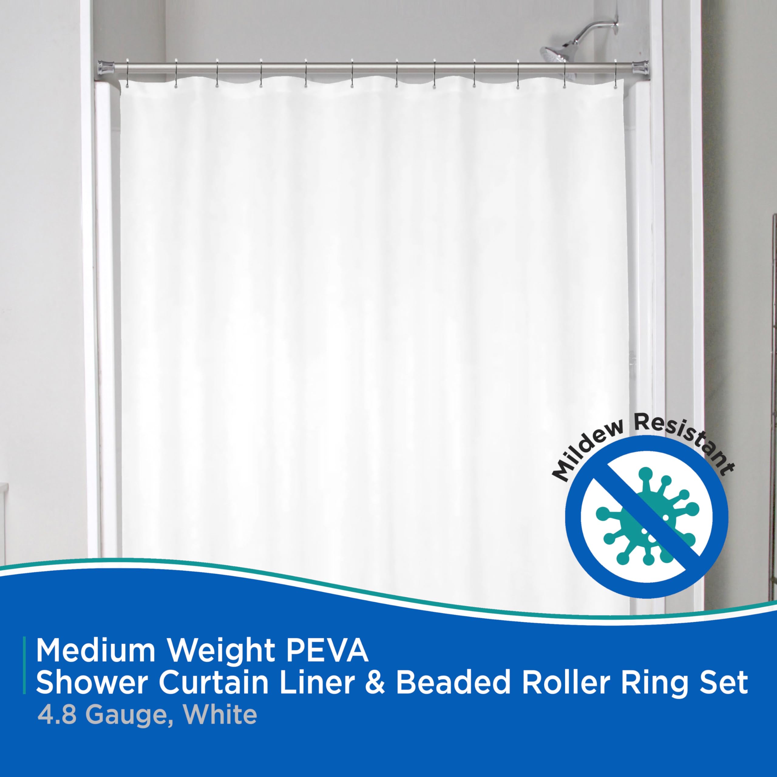 Kenney KN61709 Medium Weight 5 Gauge Waterproof PEVA Shower Curtain Liner with Durable Eyelet Hang Holes, Weighted Magnetic Hem, and 12 Piece Beaded Roller Ring Set for Bathroom, 70" W x 72" H, White - Image 4