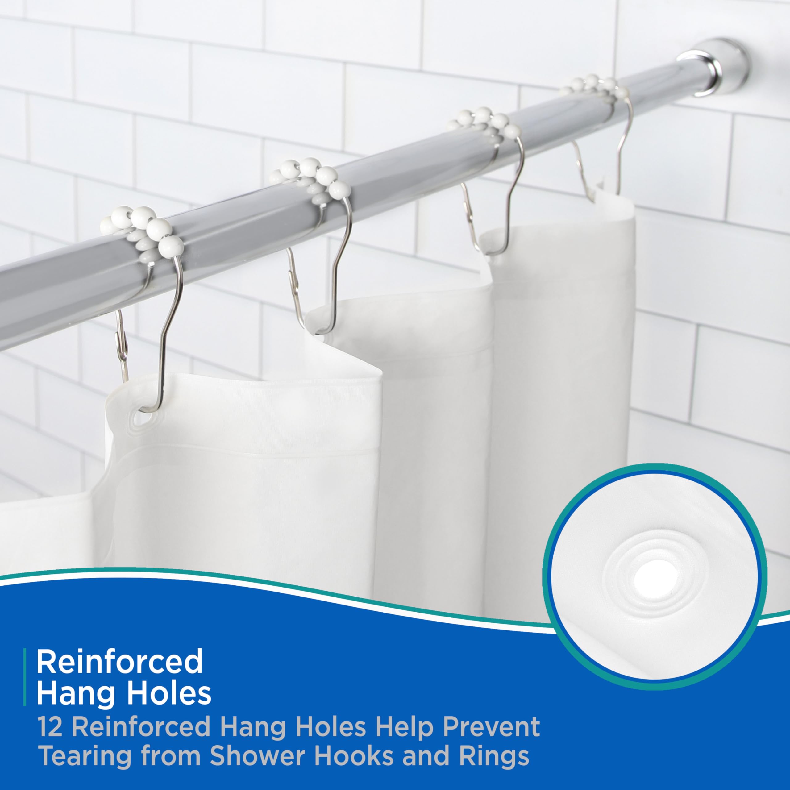 Kenney KN61709 Medium Weight 5 Gauge Waterproof PEVA Shower Curtain Liner with Durable Eyelet Hang Holes, Weighted Magnetic Hem, and 12 Piece Beaded Roller Ring Set for Bathroom, 70" W x 72" H, White - Image 5