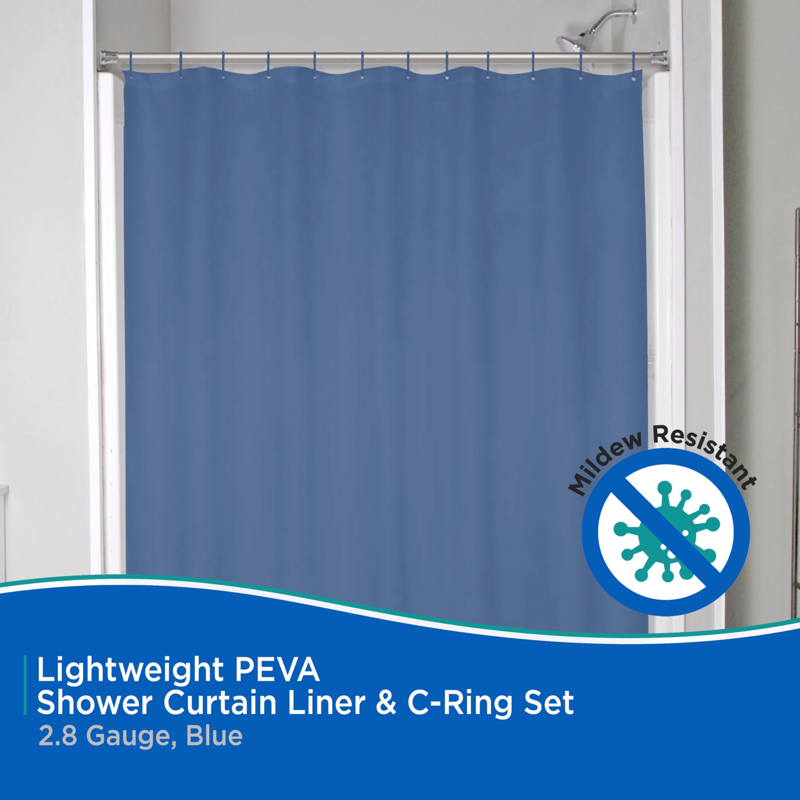Kenney KN61752 Lightweight 3 Gauge Waterproof PEVA Shower Curtain Liner with Durable Eyelet Hang Holes, Weighted Magnetic Hem, and 12 Piece Plastic C-Ring Set for Bathroom, 70" W x 72" H, Blue - Image 3