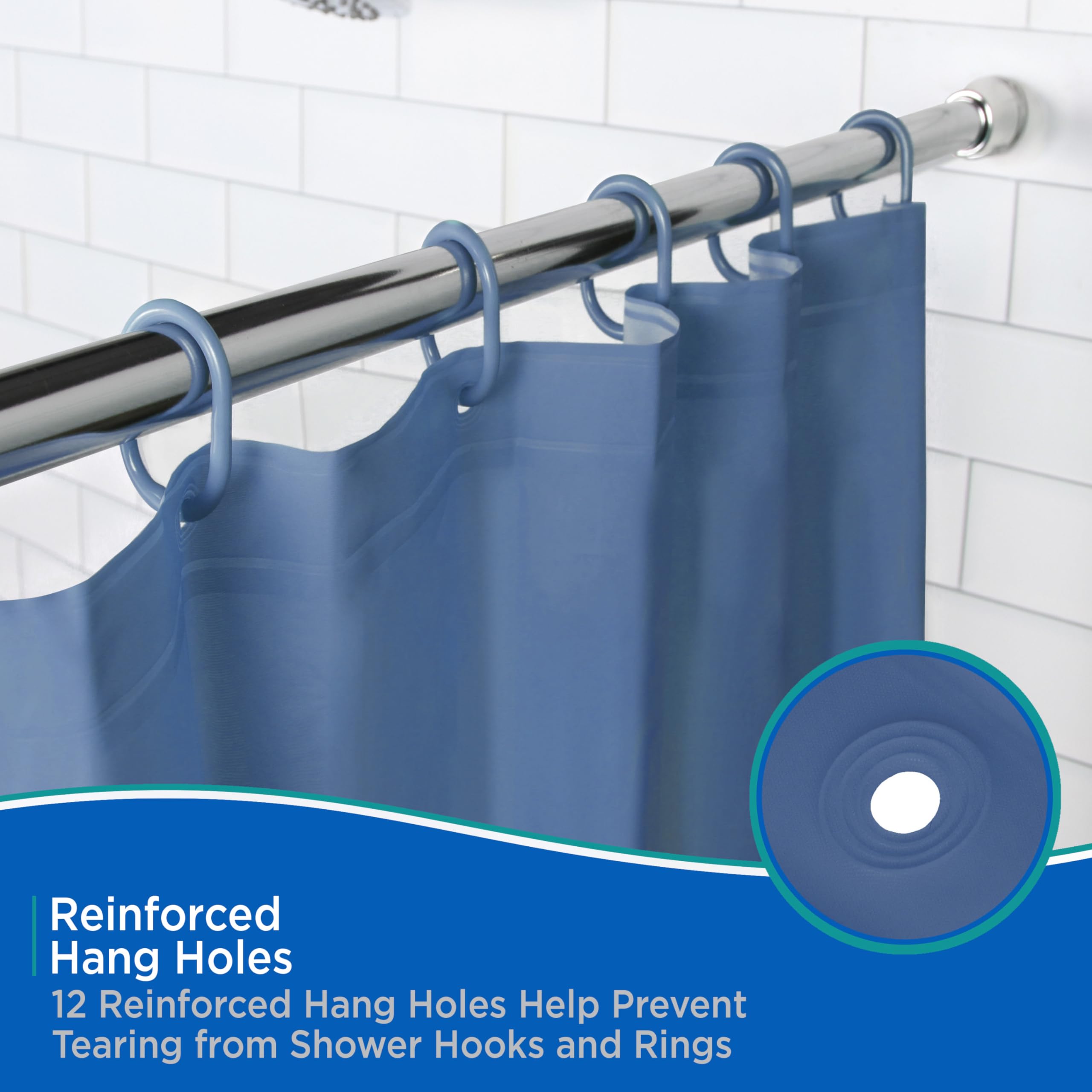 Kenney KN61752 Lightweight 3 Gauge Waterproof PEVA Shower Curtain Liner with Durable Eyelet Hang Holes, Weighted Magnetic Hem, and 12 Piece Plastic C-Ring Set for Bathroom, 70" W x 72" H, Blue - Image 4