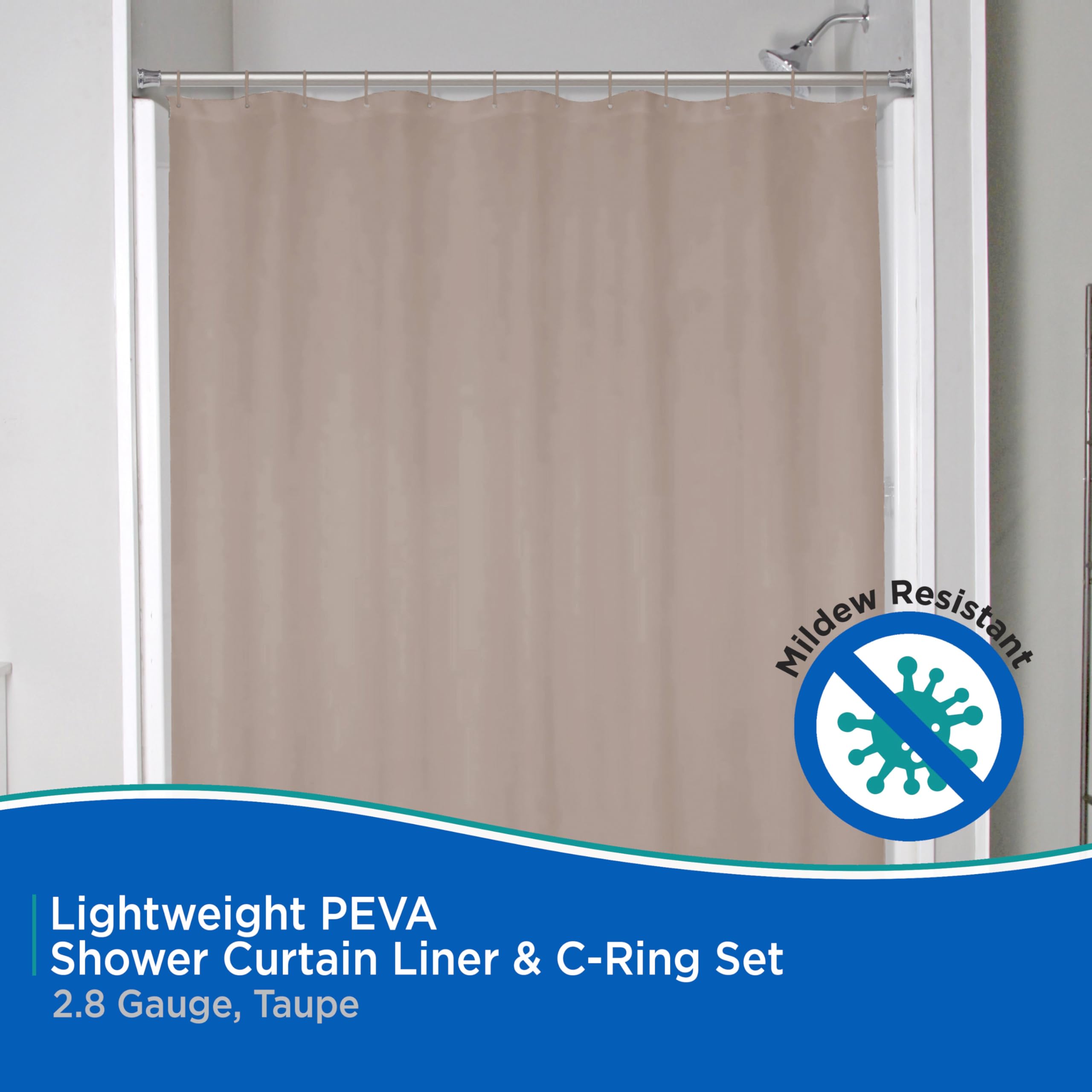 Kenney KN61754 Lightweight 3 Gauge Waterproof PEVA Shower Liner with Durable Eyelet Hang Holes, Weighted Magnetic Hem, and 12 Piece C-Ring Set for Bathroom, 70" W x 72" H, Taupe - Image 3