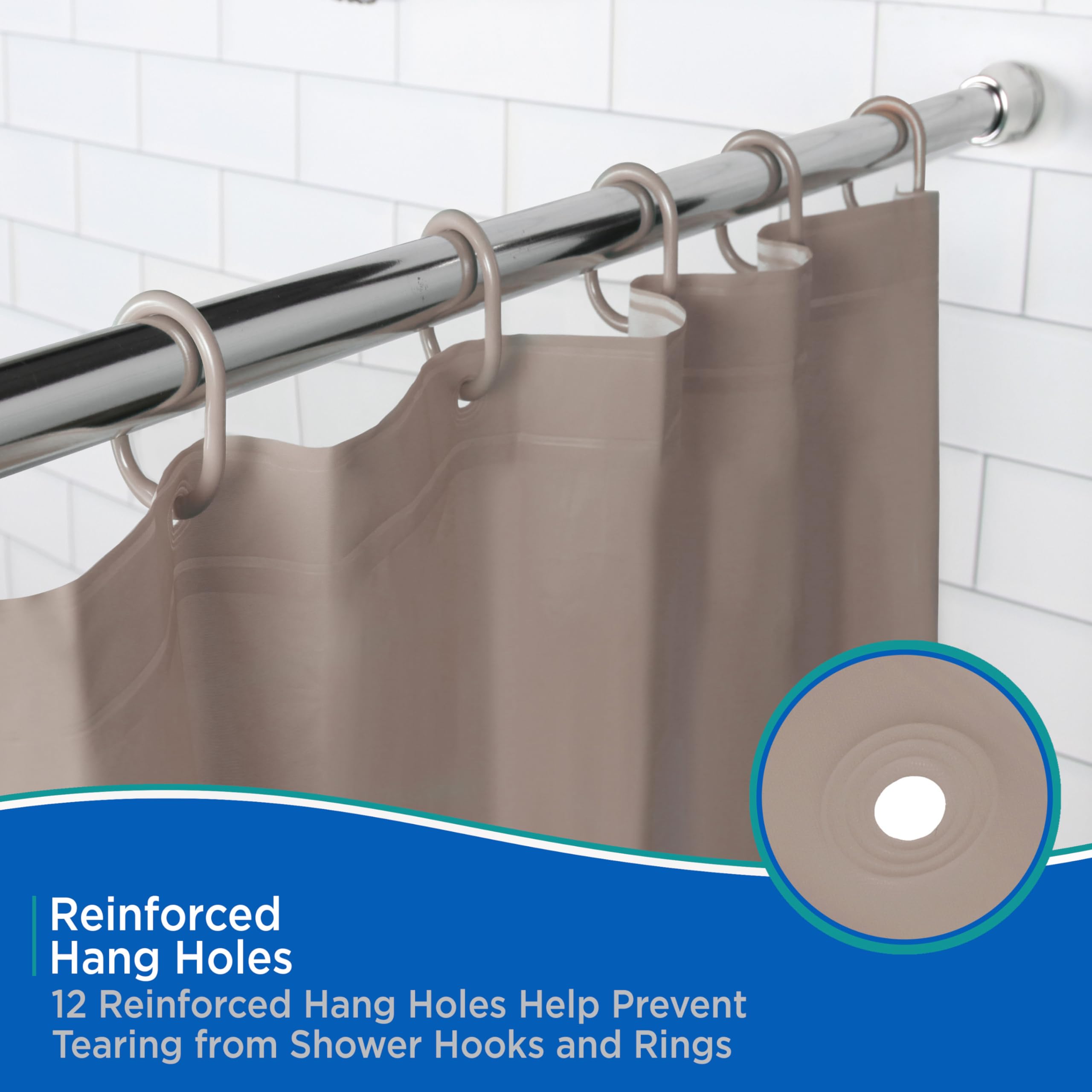 Kenney KN61754 Lightweight 3 Gauge Waterproof PEVA Shower Liner with Durable Eyelet Hang Holes, Weighted Magnetic Hem, and 12 Piece C-Ring Set for Bathroom, 70" W x 72" H, Taupe - Image 4