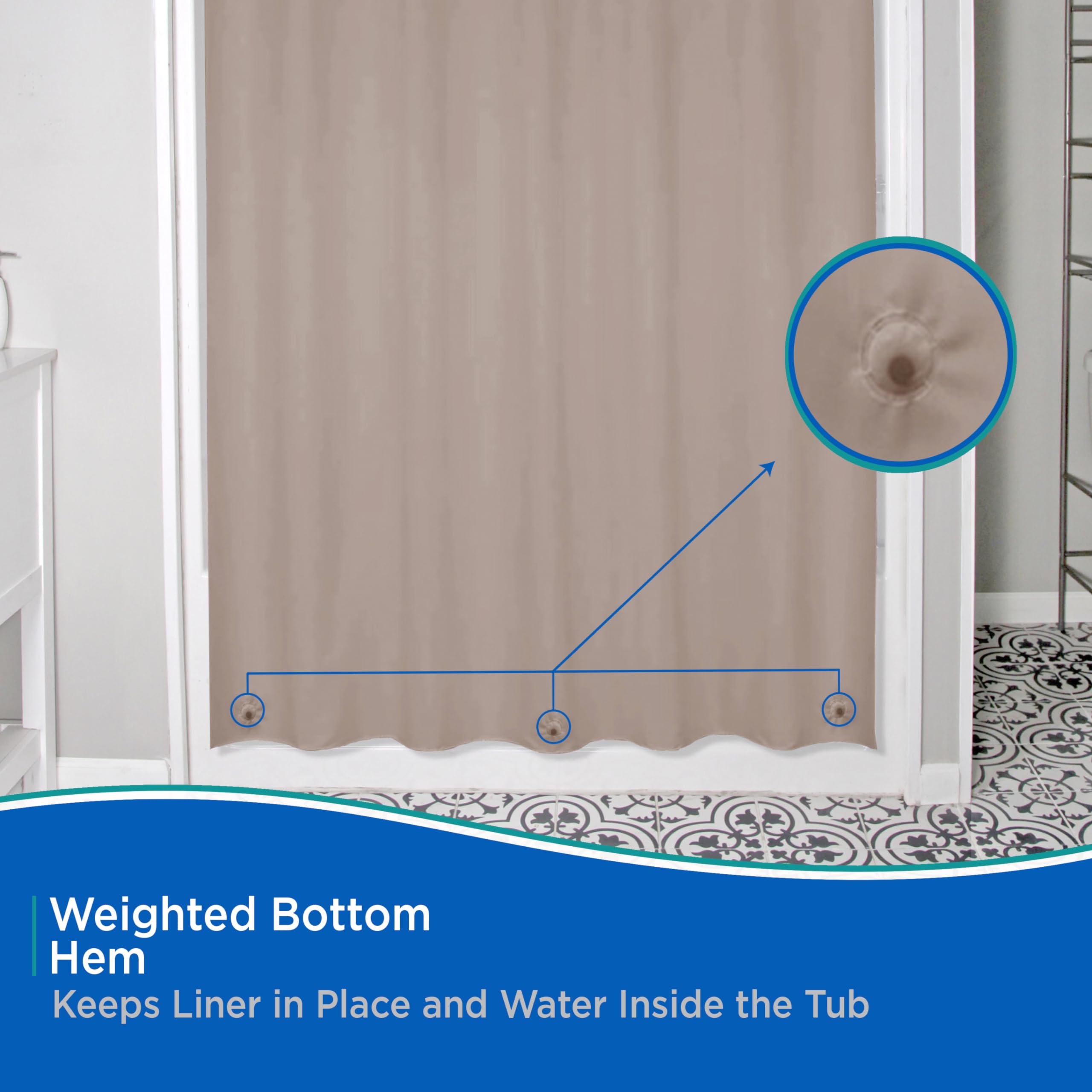 Kenney KN61754 Lightweight 3 Gauge Waterproof PEVA Shower Liner with Durable Eyelet Hang Holes, Weighted Magnetic Hem, and 12 Piece C-Ring Set for Bathroom, 70" W x 72" H, Taupe - Image 6