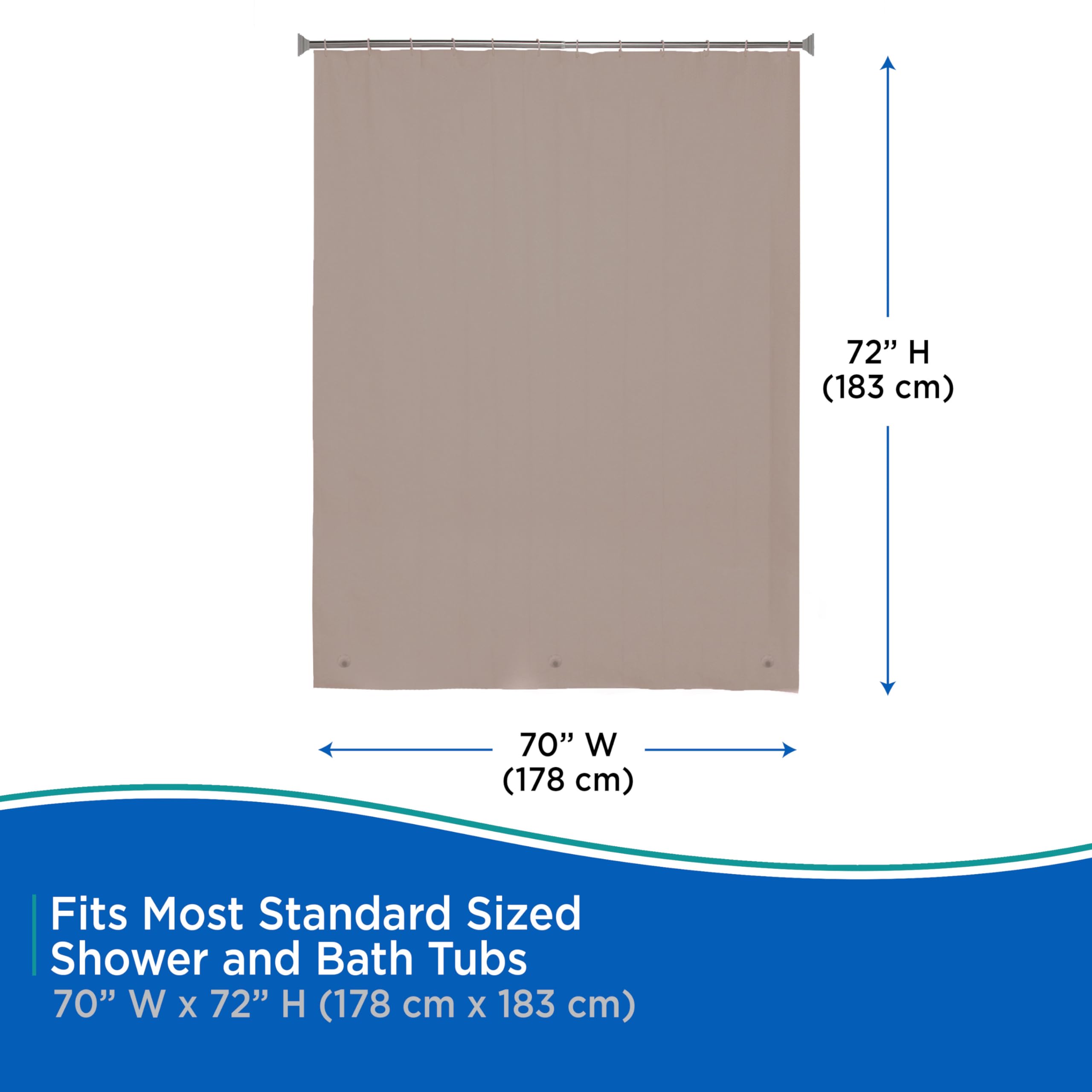 Kenney KN61754 Lightweight 3 Gauge Waterproof PEVA Shower Liner with Durable Eyelet Hang Holes, Weighted Magnetic Hem, and 12 Piece C-Ring Set for Bathroom, 70" W x 72" H, Taupe - Image 8