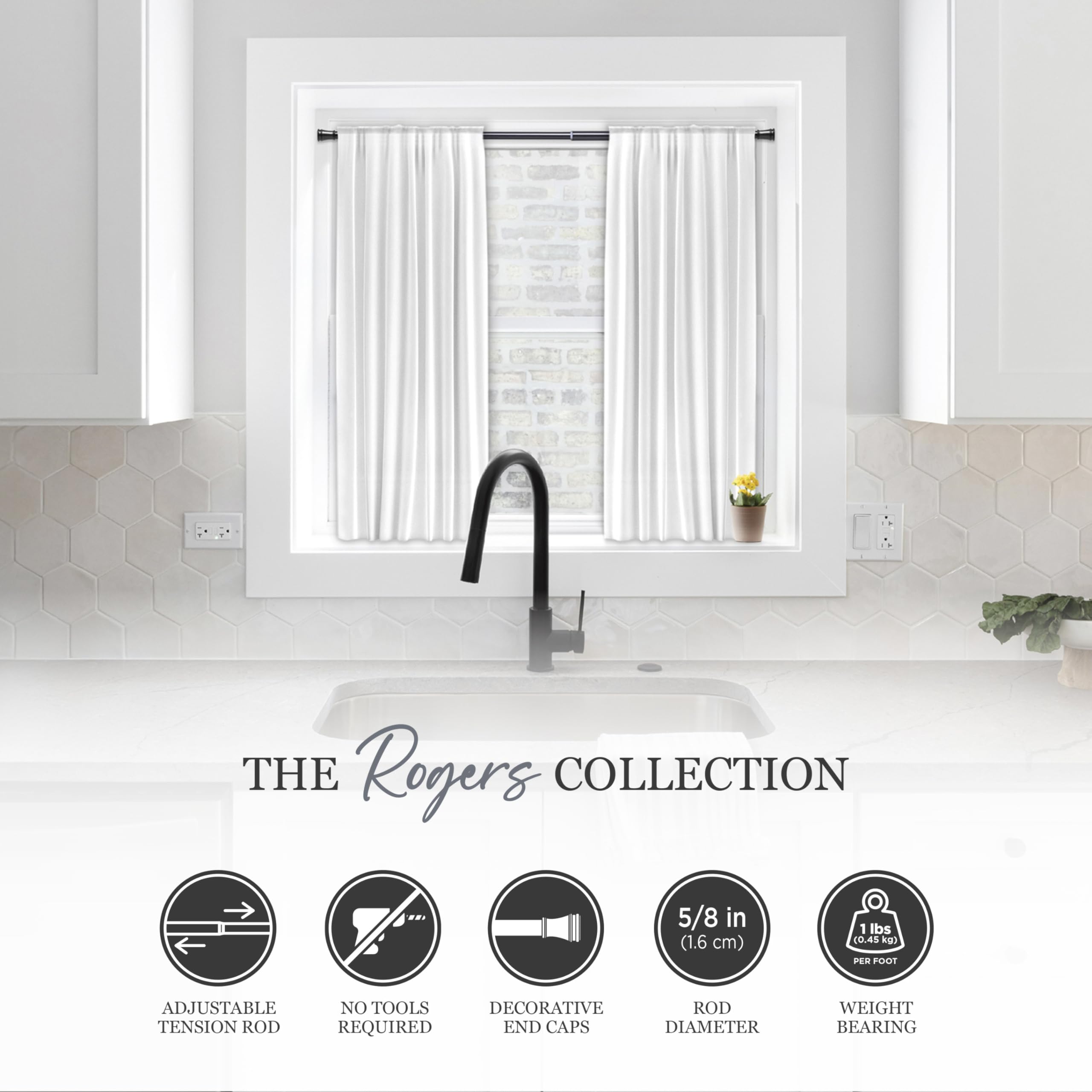 Kenney KN634 Rogers Twist & Fit No Tools Easy to Install Tension Curtain Rod, 28-48" Adjustable Length, Black Finish, 5/8" Diameter Steel Tube - Image 3