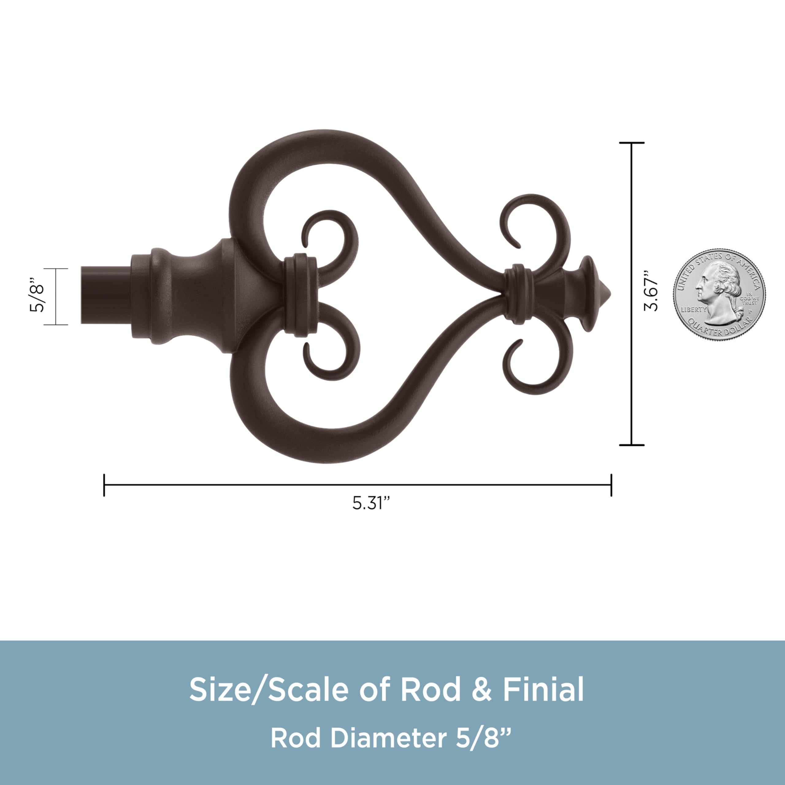 Kenney KN65407 Serena Large Plastic Heart Scroll End Standard Decorative Window Curtain Rod, 48-84" Adjustable Length, Chocolate Finish, 5/8" Diameter Steel Tube - Image 4