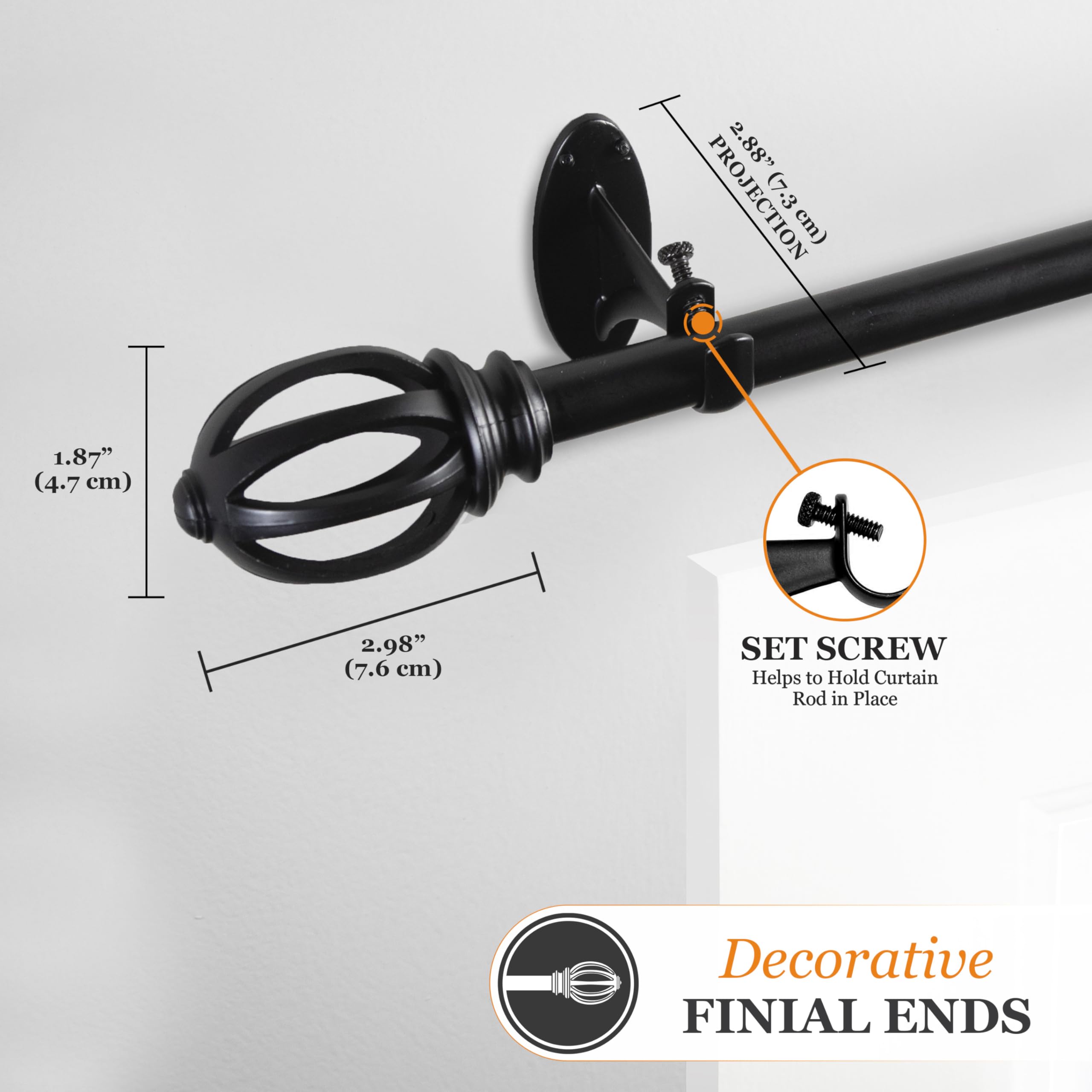 Kenney KN75241 Fast Fit Easy Install Lilly Cage Oblong Openwork End Decorative Window Curtain Rod, 66-120" Adjustable Length, Black Finish, 5/8" Diameter Steel Tube - Image 4