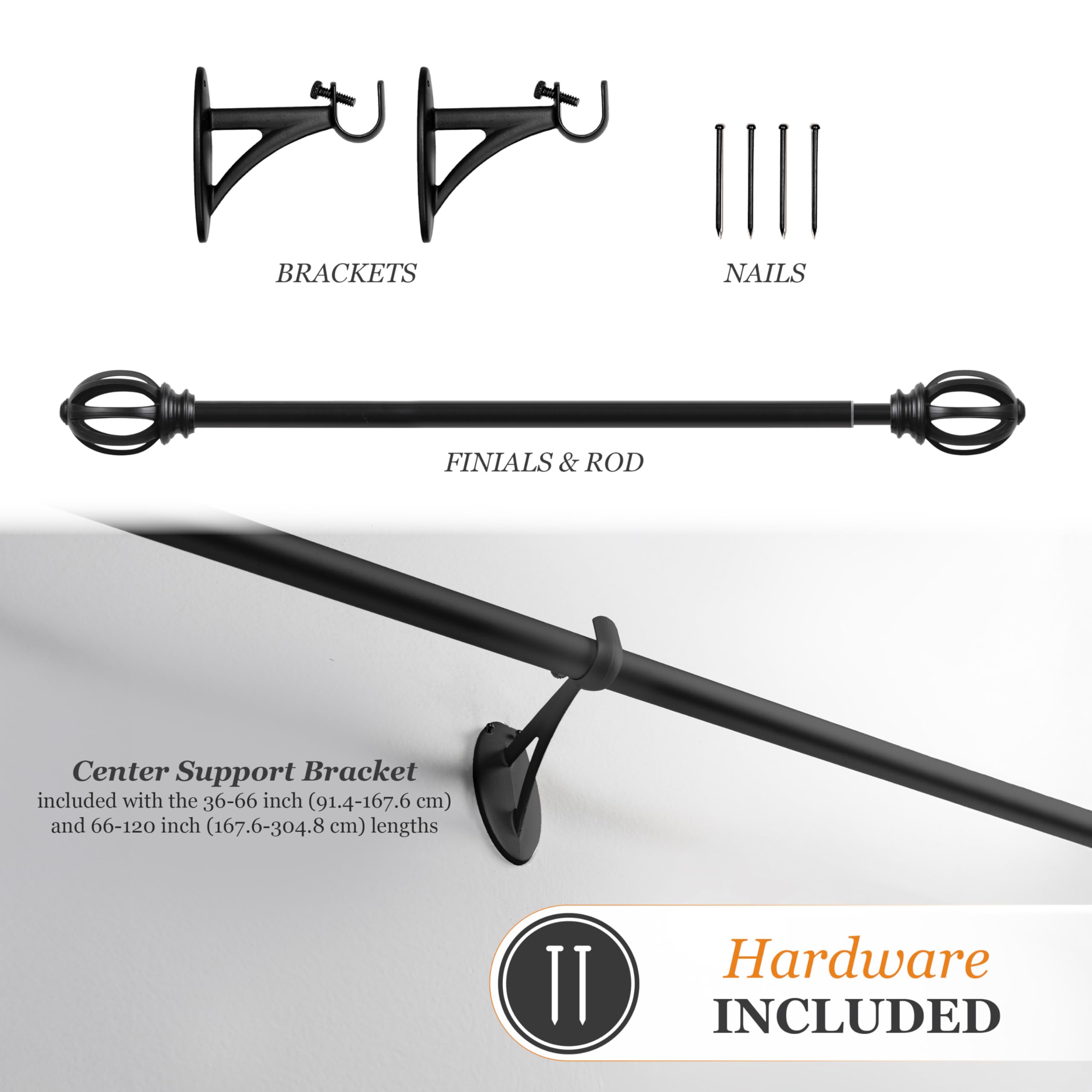 Kenney KN75241 Fast Fit Easy Install Lilly Cage Oblong Openwork End Decorative Window Curtain Rod, 66-120" Adjustable Length, Black Finish, 5/8" Diameter Steel Tube - Image 5