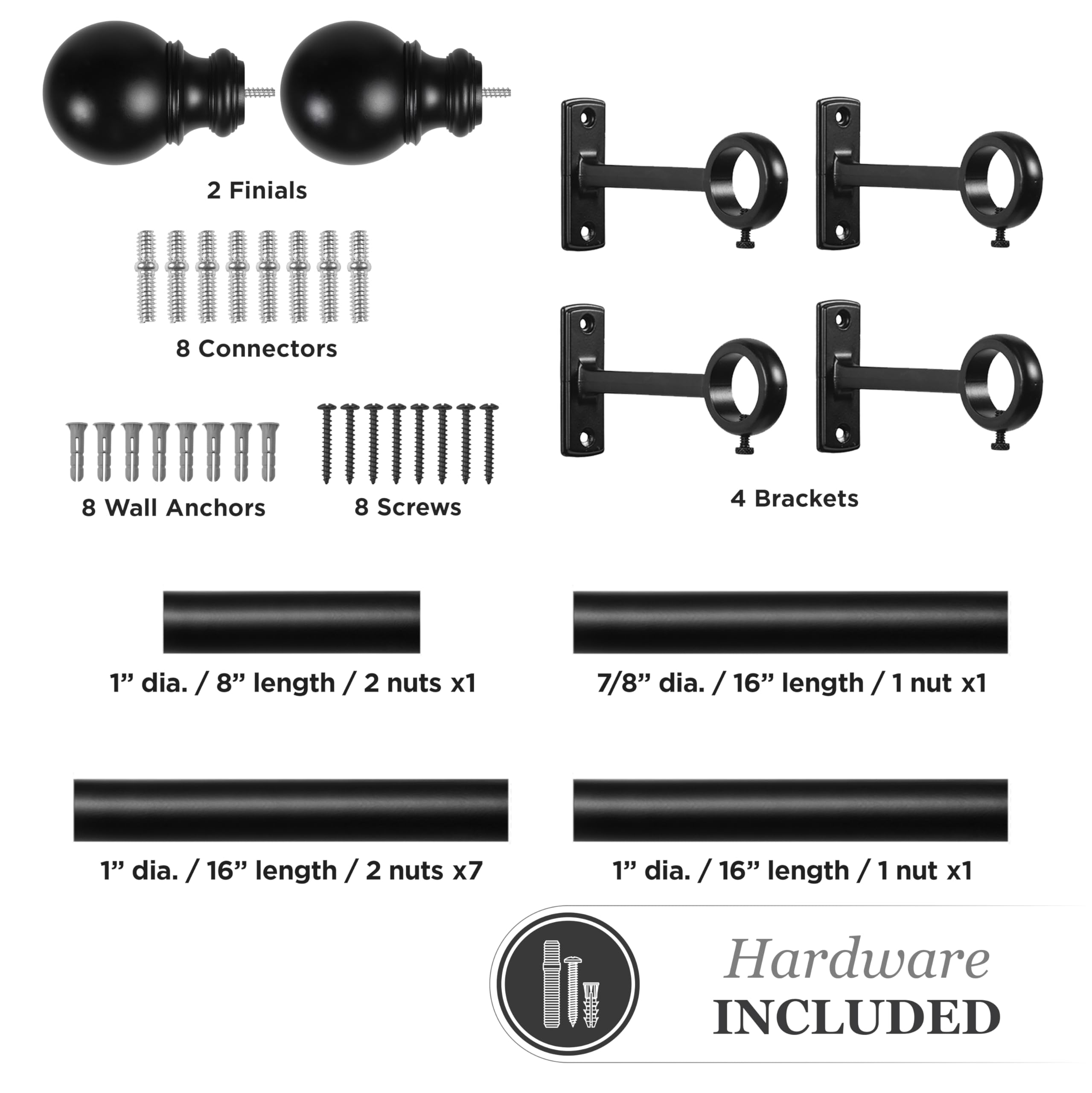 Kenney PiecePerfect - Bryce Multipart Decorative Curtain Rod, 1" Wall-Mounted with Finials, Mounting Hardware, Interchangeable Lengths, Adjustable 16" to 144", Pack of 1, Black - Image 3